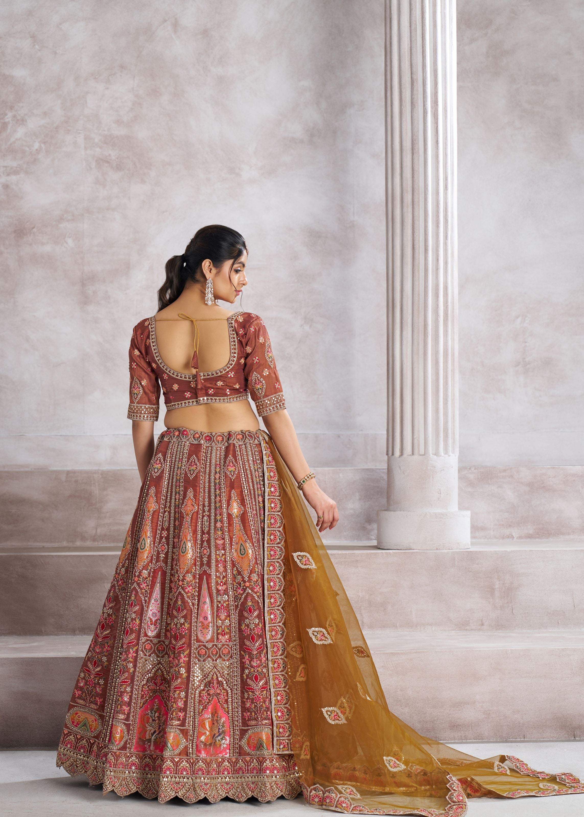 Trending Mocha Color lehenga For Women with Aari And Patch Work
