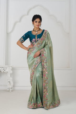 Trending Reception Green Color Saree With Multi-Thread Embroidery
