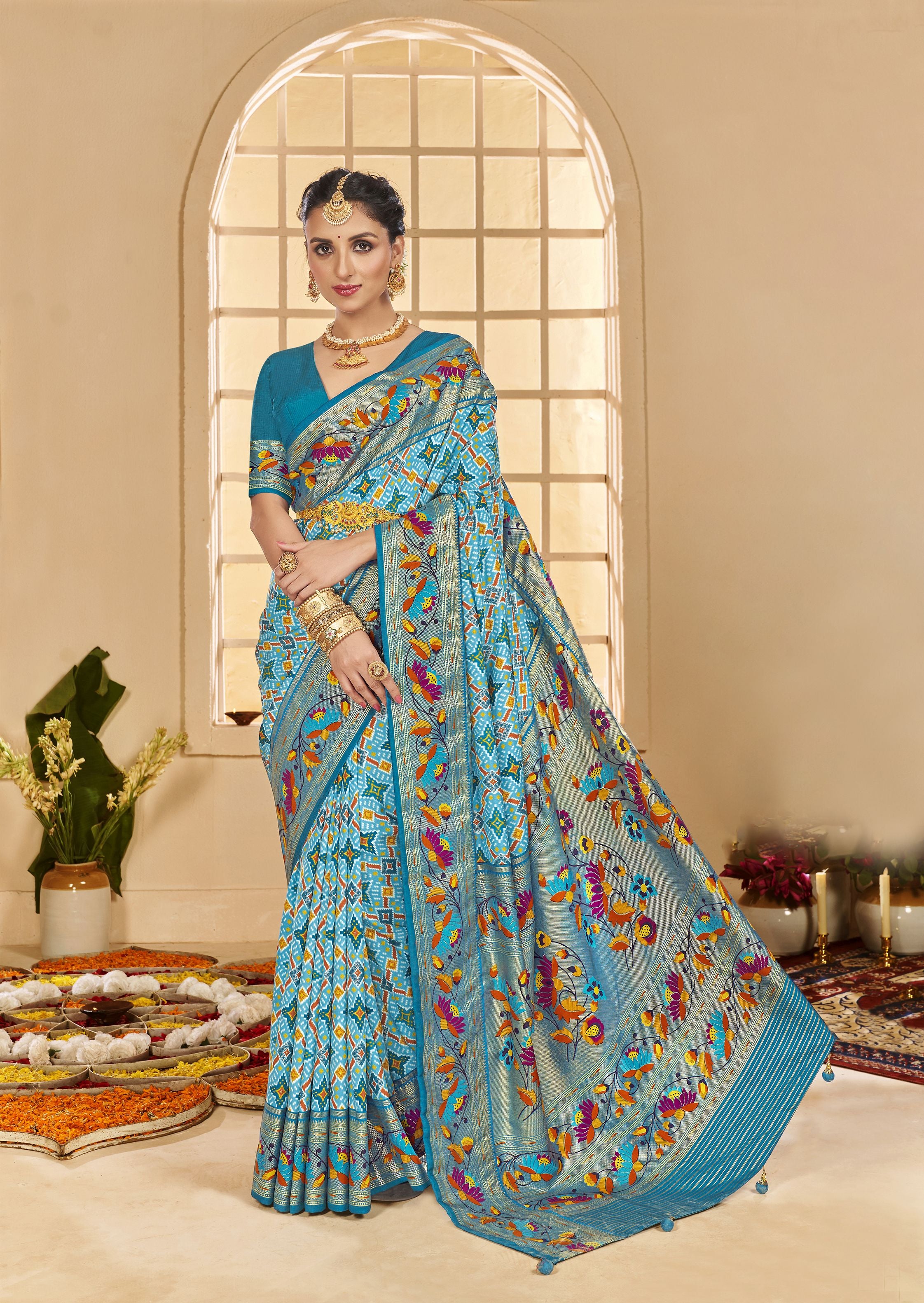 Turqoise Blue Ethnic Woven Border Designer With Ikkat Printed Cotton Silk Saree