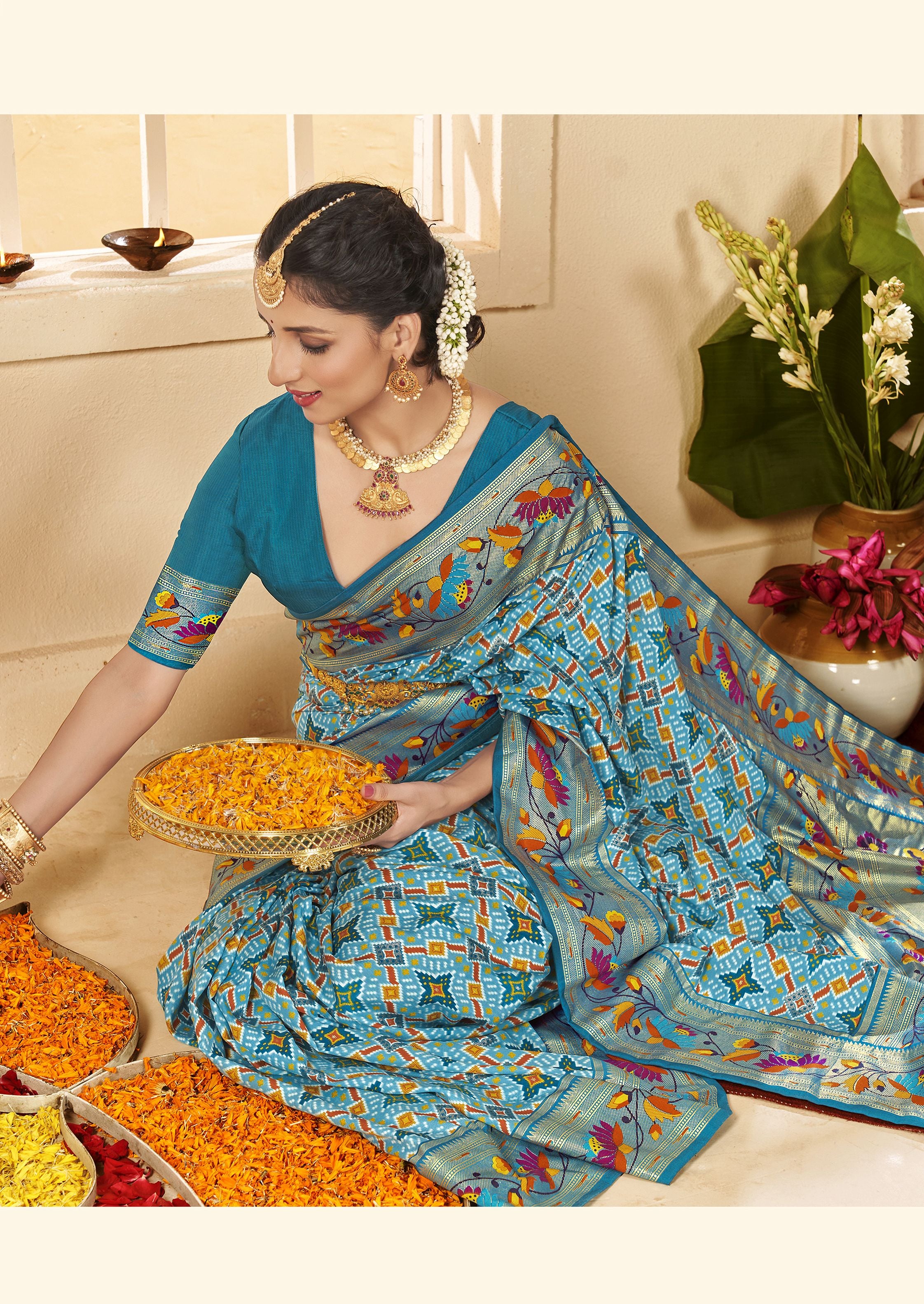 Turqoise Blue Ethnic Woven Border Designer With Ikkat Printed Cotton Silk Saree