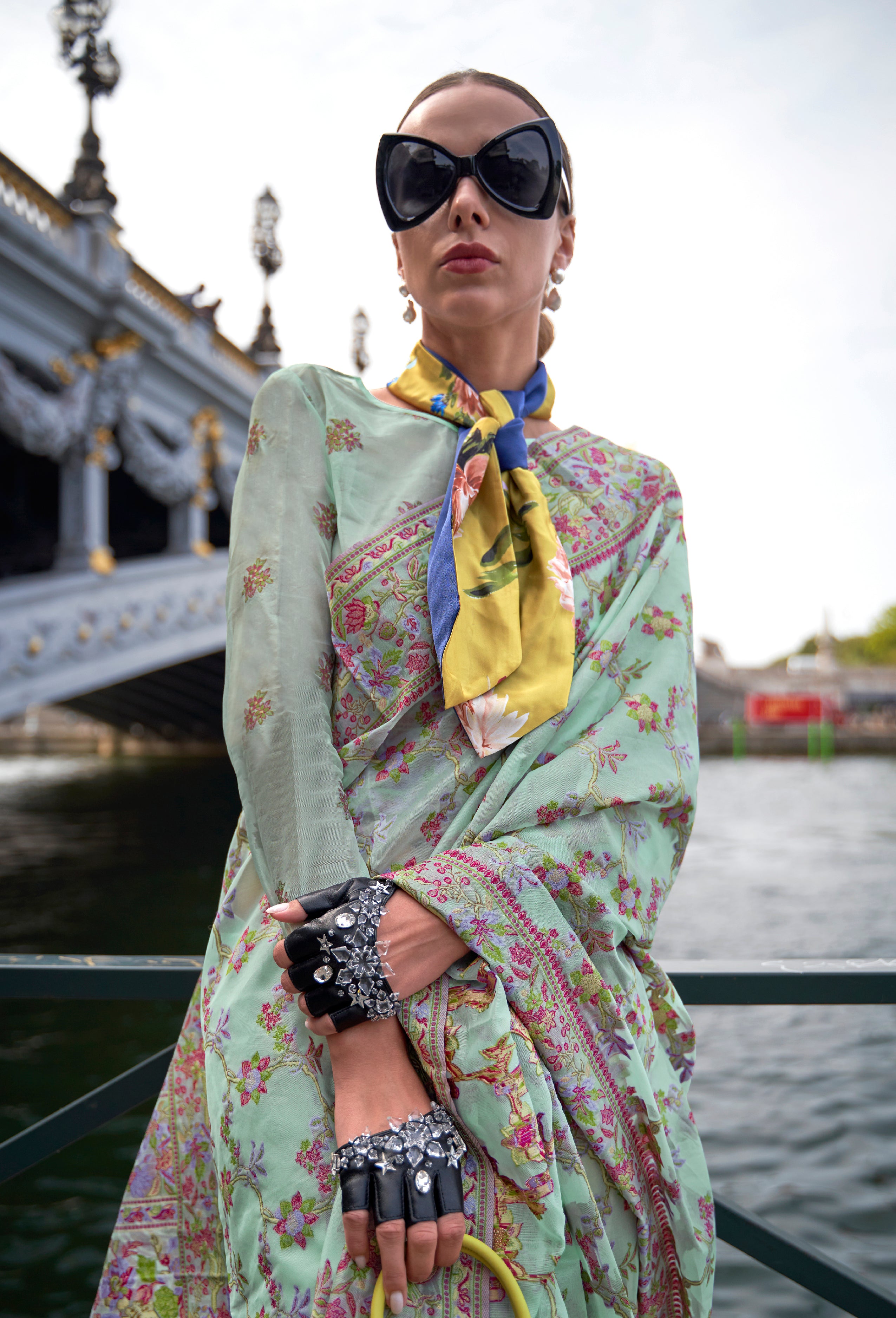 Turqouise Organza Handloom Saree With Woven Work