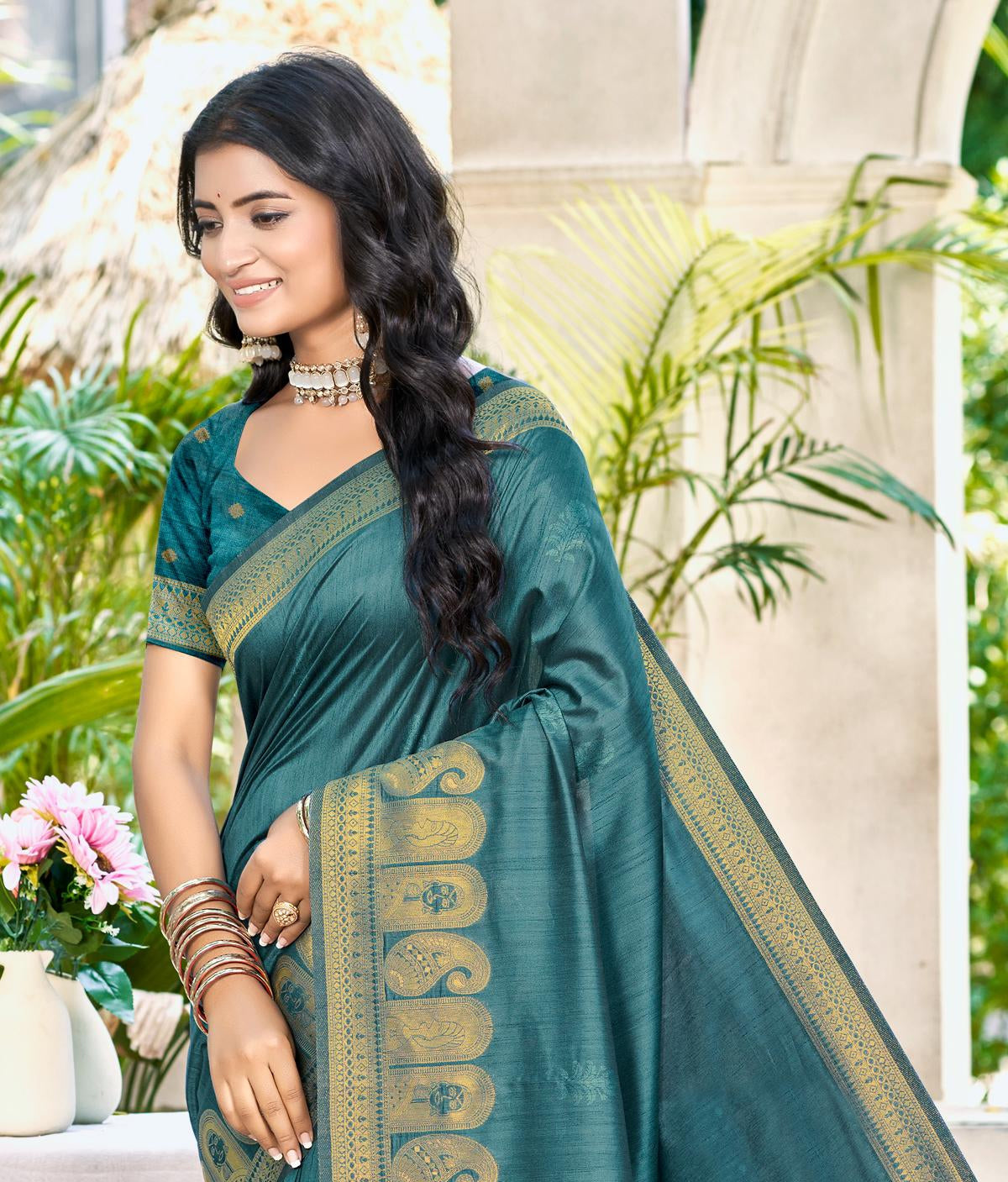 Turquoise Assam Silk Saree With Elegant Flow and Traditional Feel