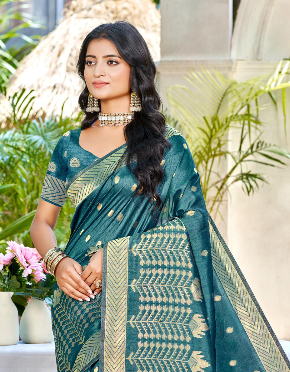 Turquoise Assam Silk Saree With Sophisticated Touch and Subtle Elegance