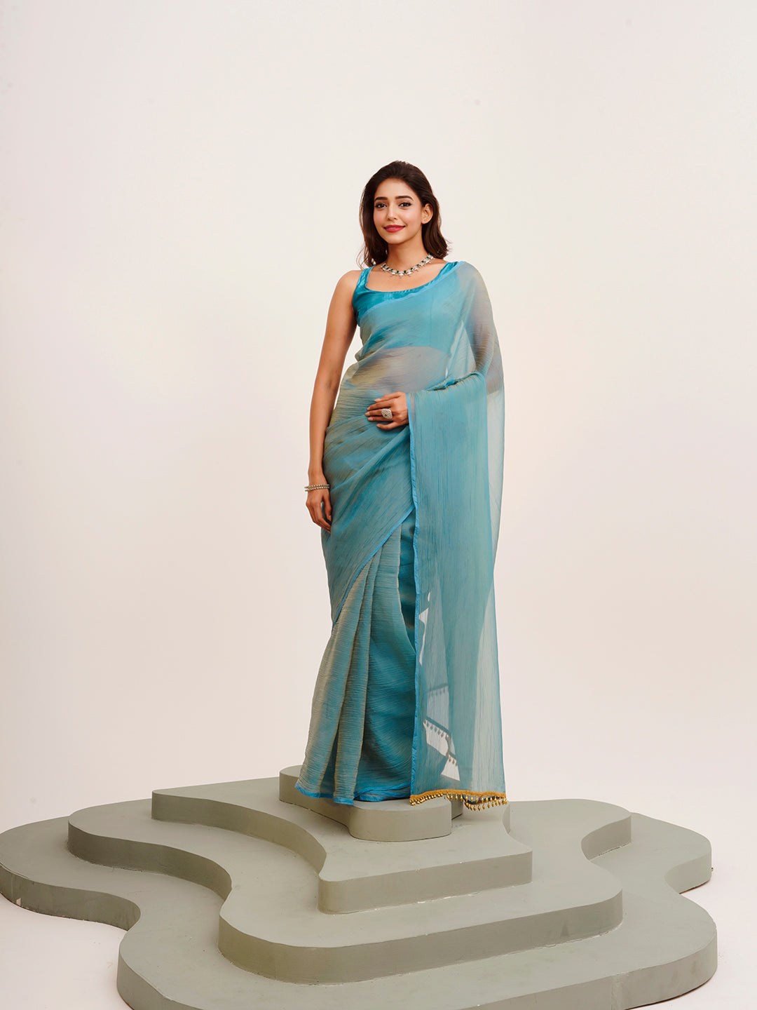 Turquoise Blue Beautiful Partywear Solid Satin Saree