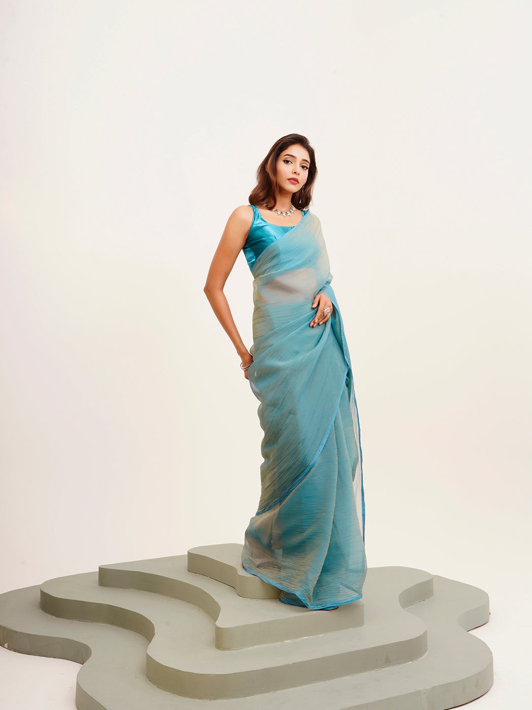 Turquoise Blue Beautiful Partywear Solid Satin Saree
