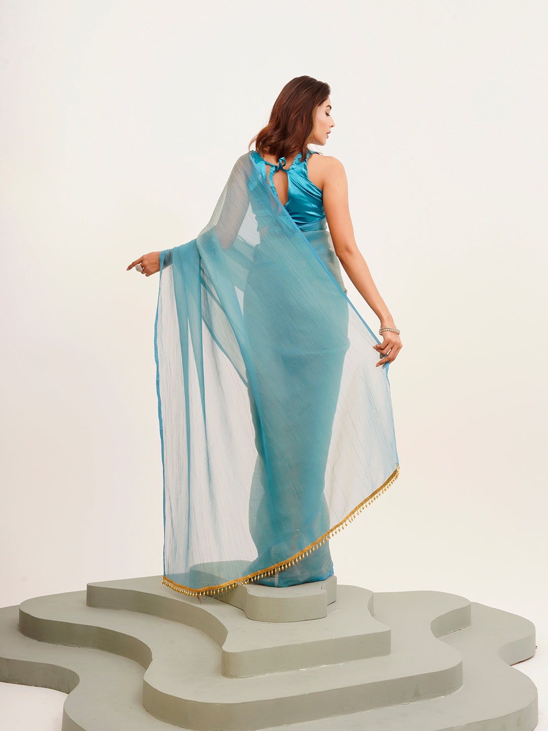 Turquoise Blue Beautiful Partywear Solid Satin Saree