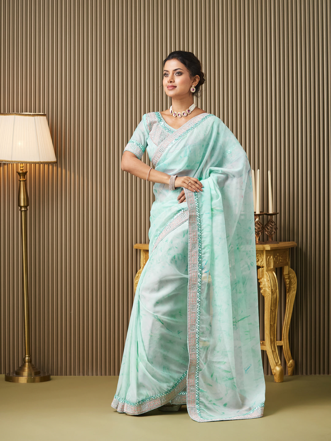 Turquoise Blue Organza Embroidered Embellished Work Ceremonial Saree
