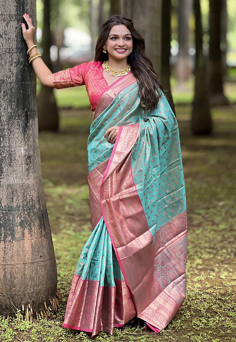 Turquoise Blue Silk Blend South Indian Kanchipuram Saree