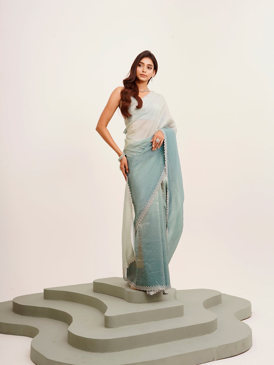 Turquoise Blue Tissue Embellished Beads And Stones Work Fancy Saree