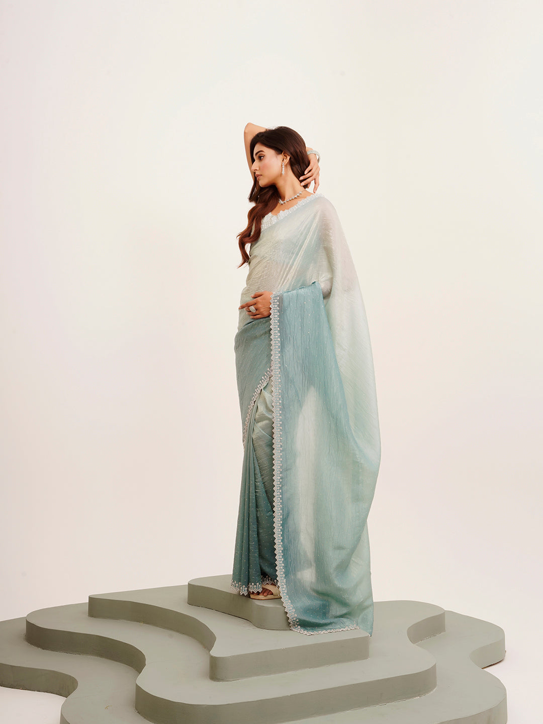 Turquoise Blue Tissue Embellished Beads And Stones Work Fancy Saree