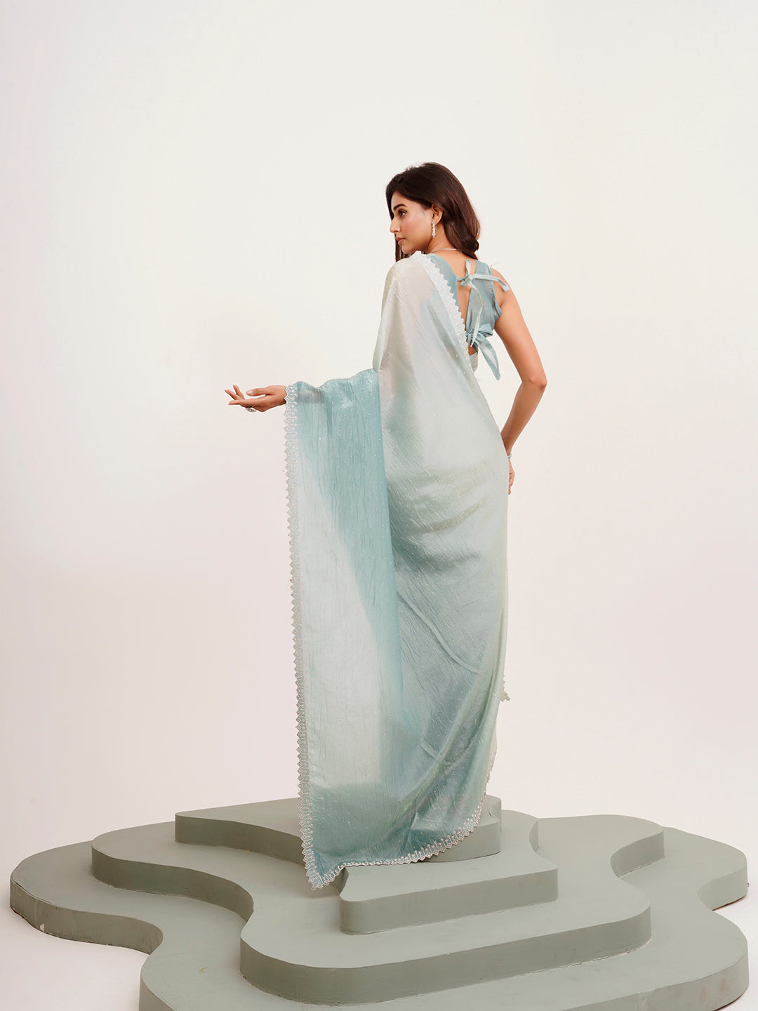 Turquoise Blue Tissue Embellished Beads And Stones Work Fancy Saree