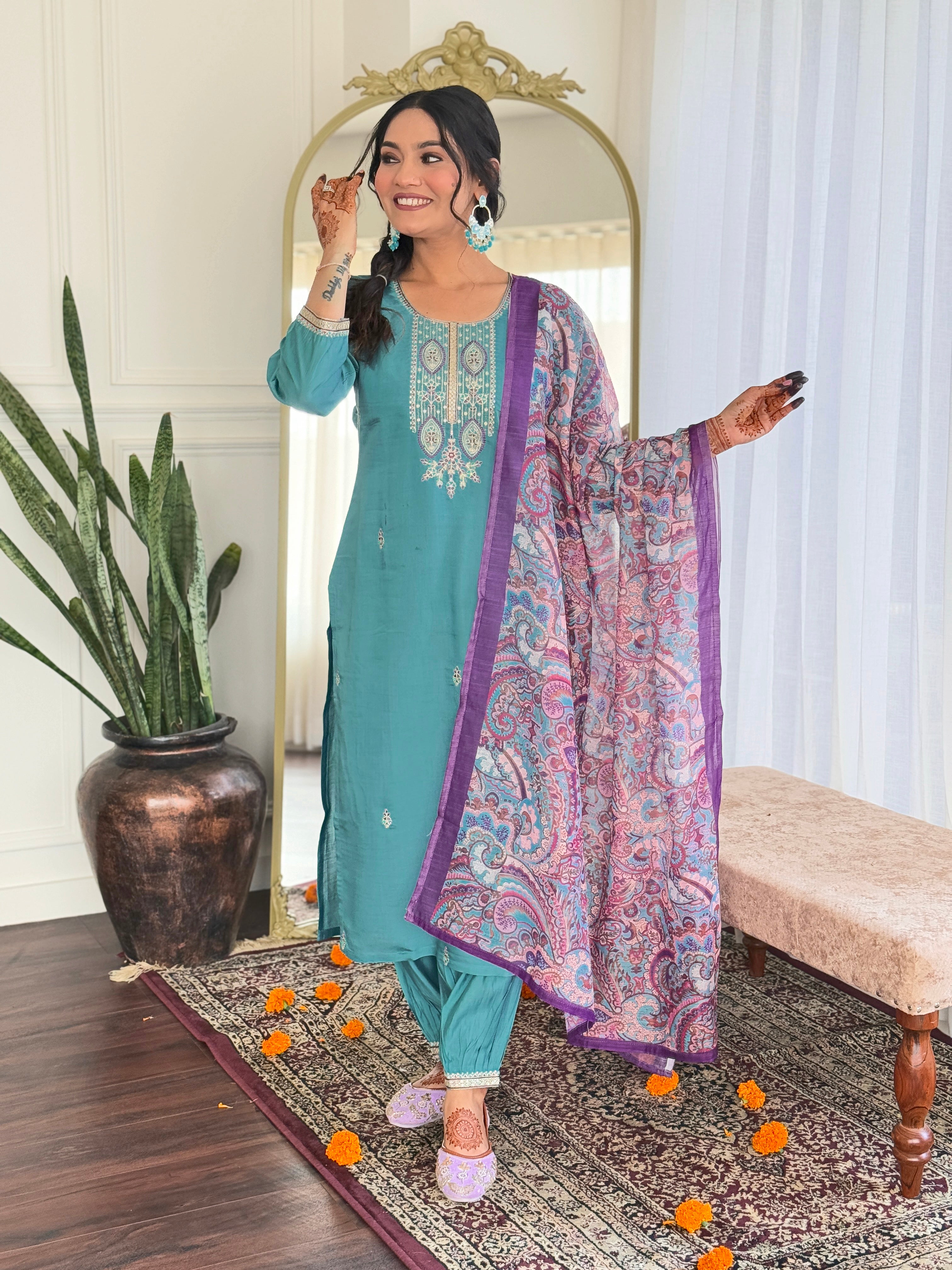 Turquoise Blue Viscose Chanderi Kurta Pant With Embroidery Work And Printed Dupatta
