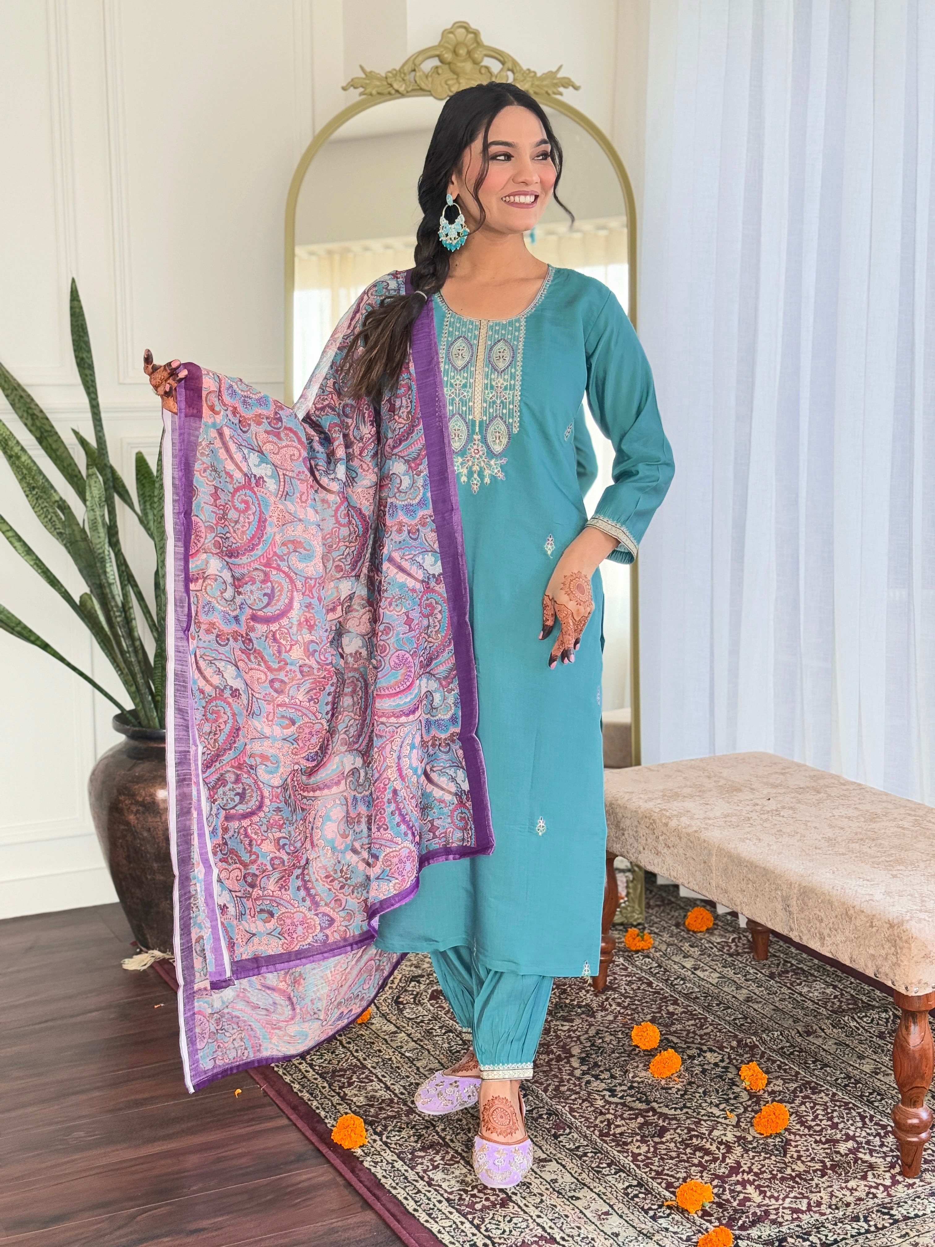 Turquoise Blue Viscose Chanderi Kurta Pant With Embroidery Work And Printed Dupatta