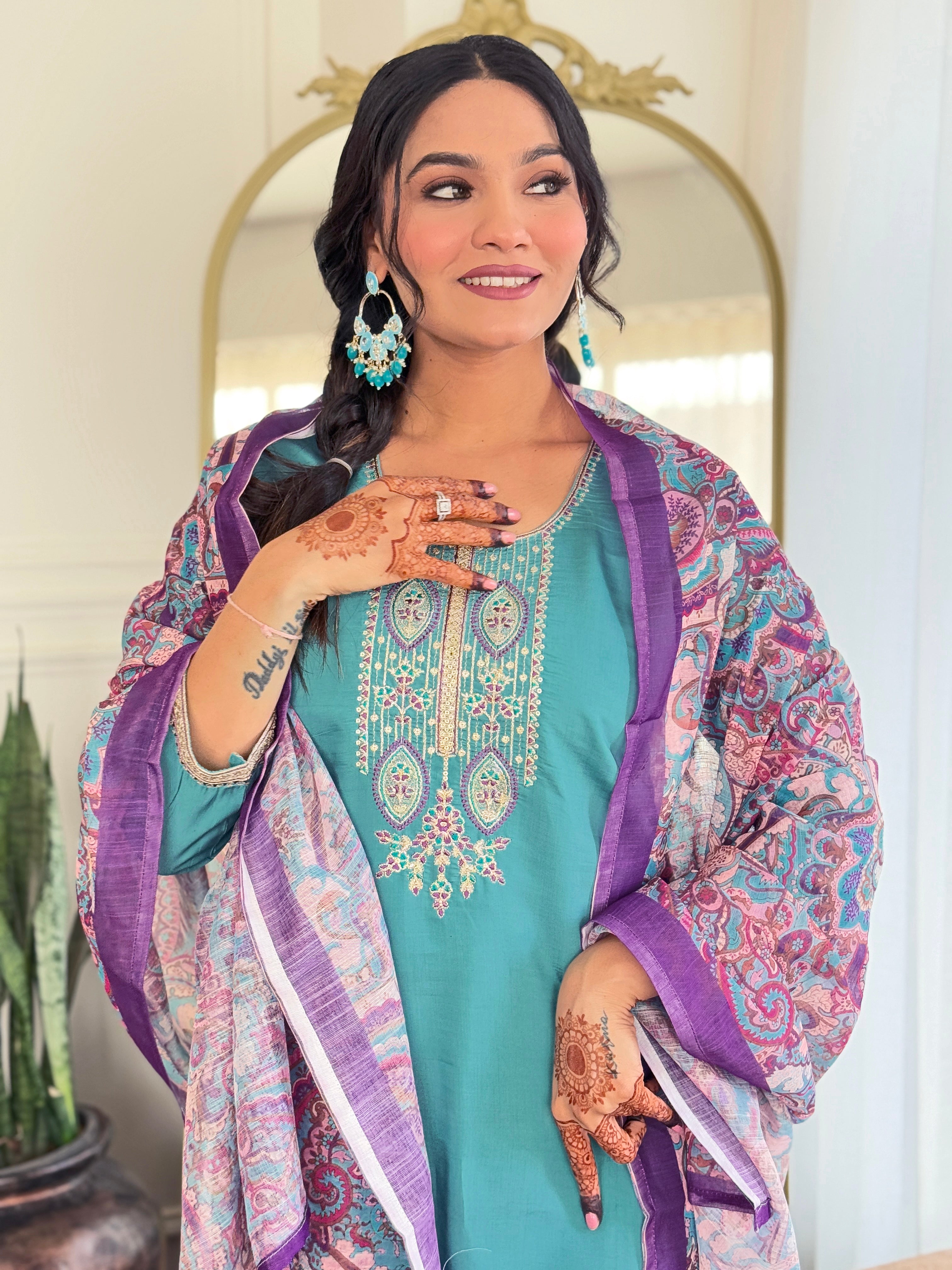 Turquoise Blue Viscose Chanderi Kurta Pant With Embroidery Work And Printed Dupatta