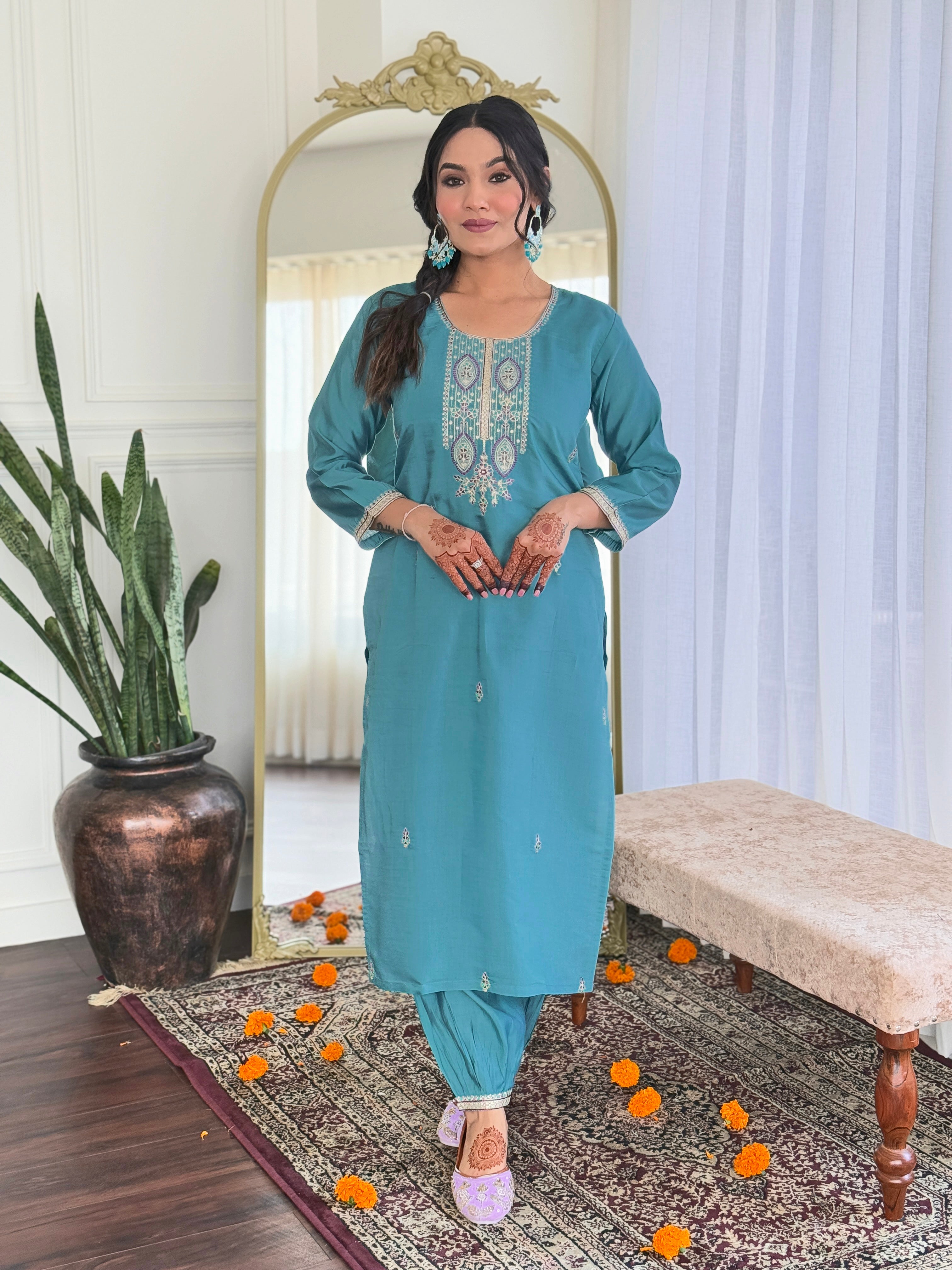 Turquoise Blue Viscose Chanderi Kurta Pant With Embroidery Work And Printed Dupatta