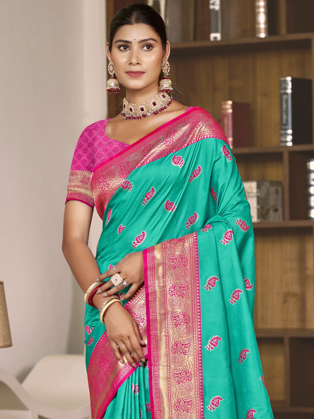 Turquoise Color Jacquard Silk Saree