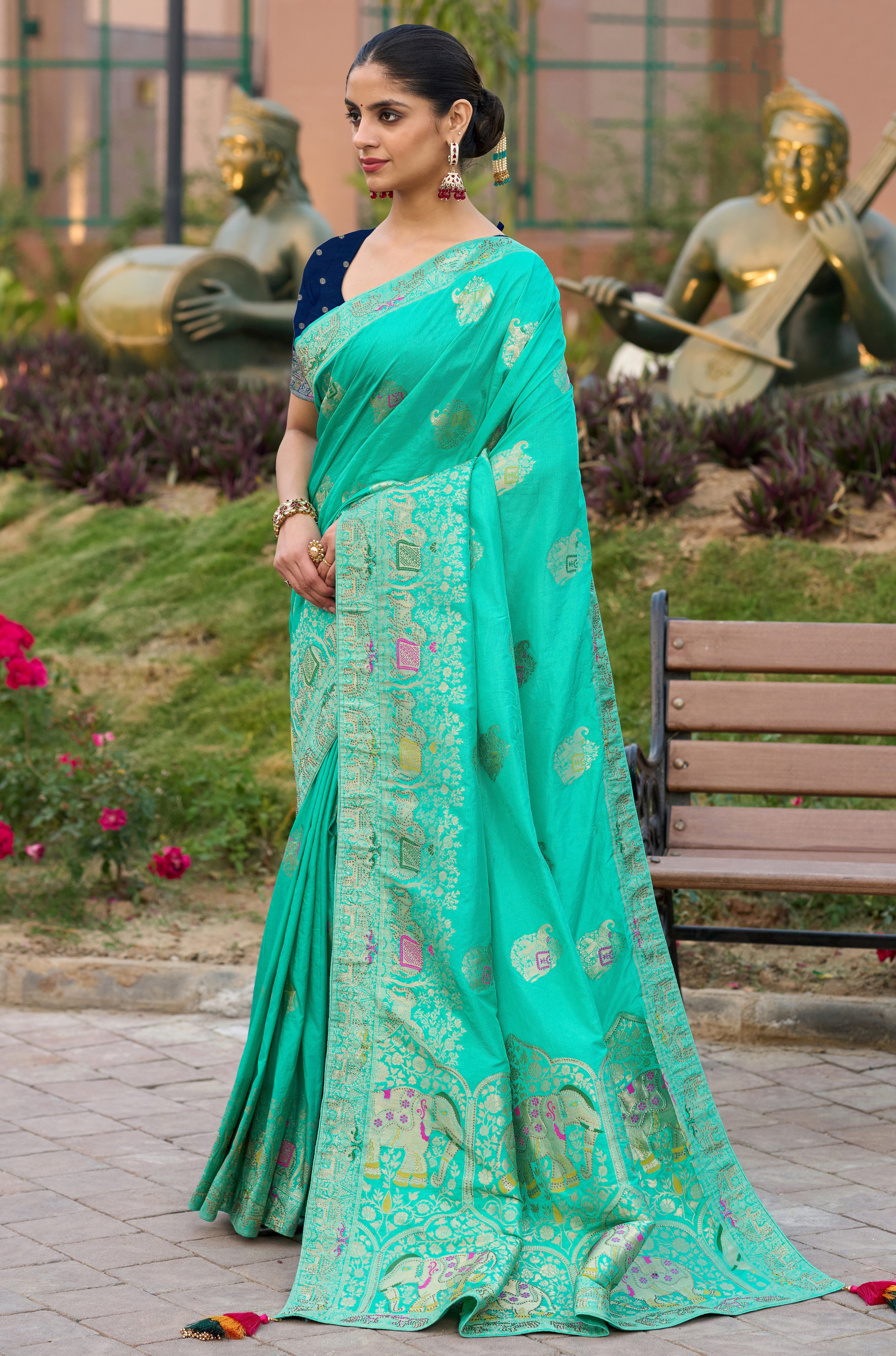 Turquoise Color Pure Dola Silk Saree With Jacquard Woven Work