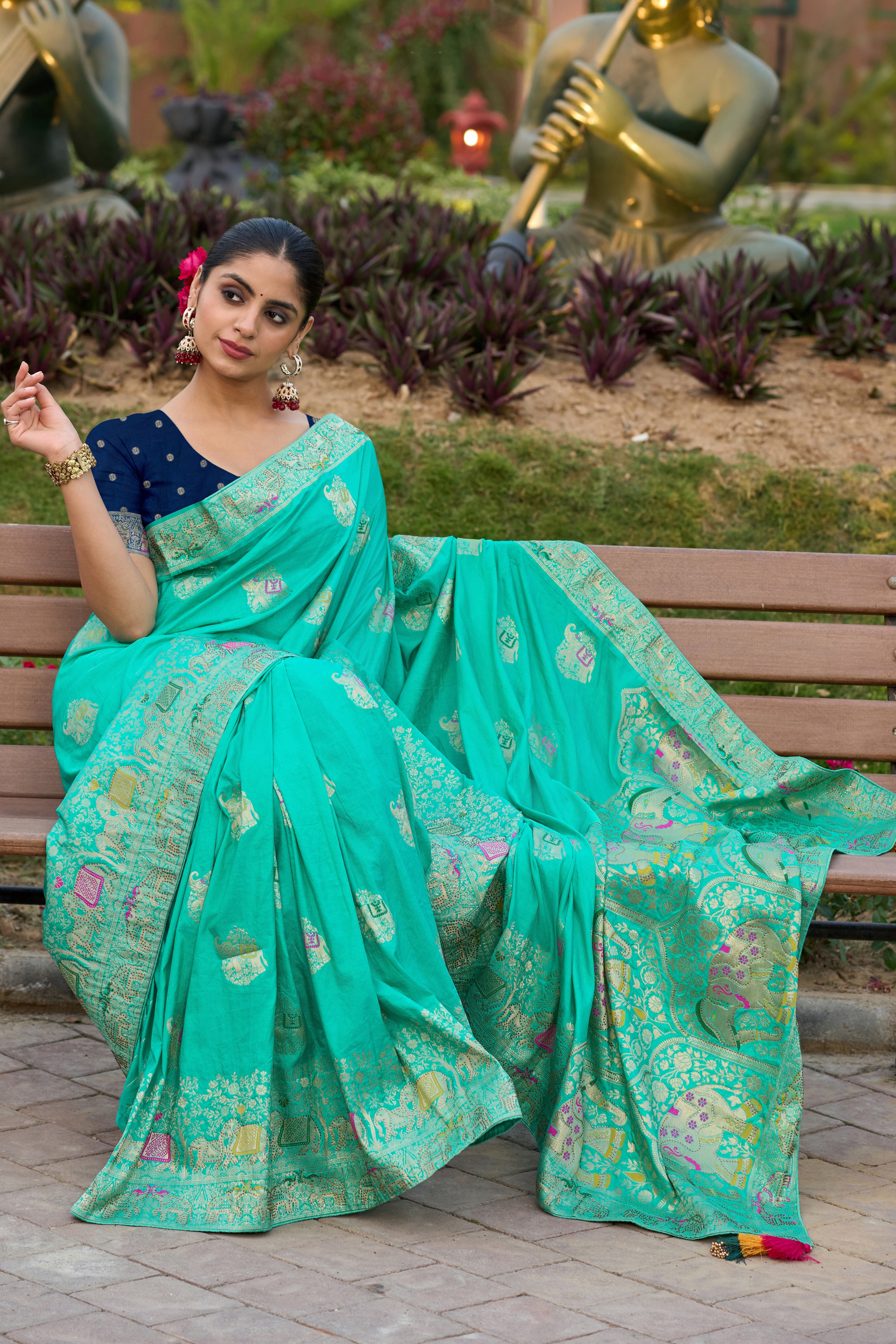 Turquoise Color Pure Dola Silk Saree With Jacquard Woven Work