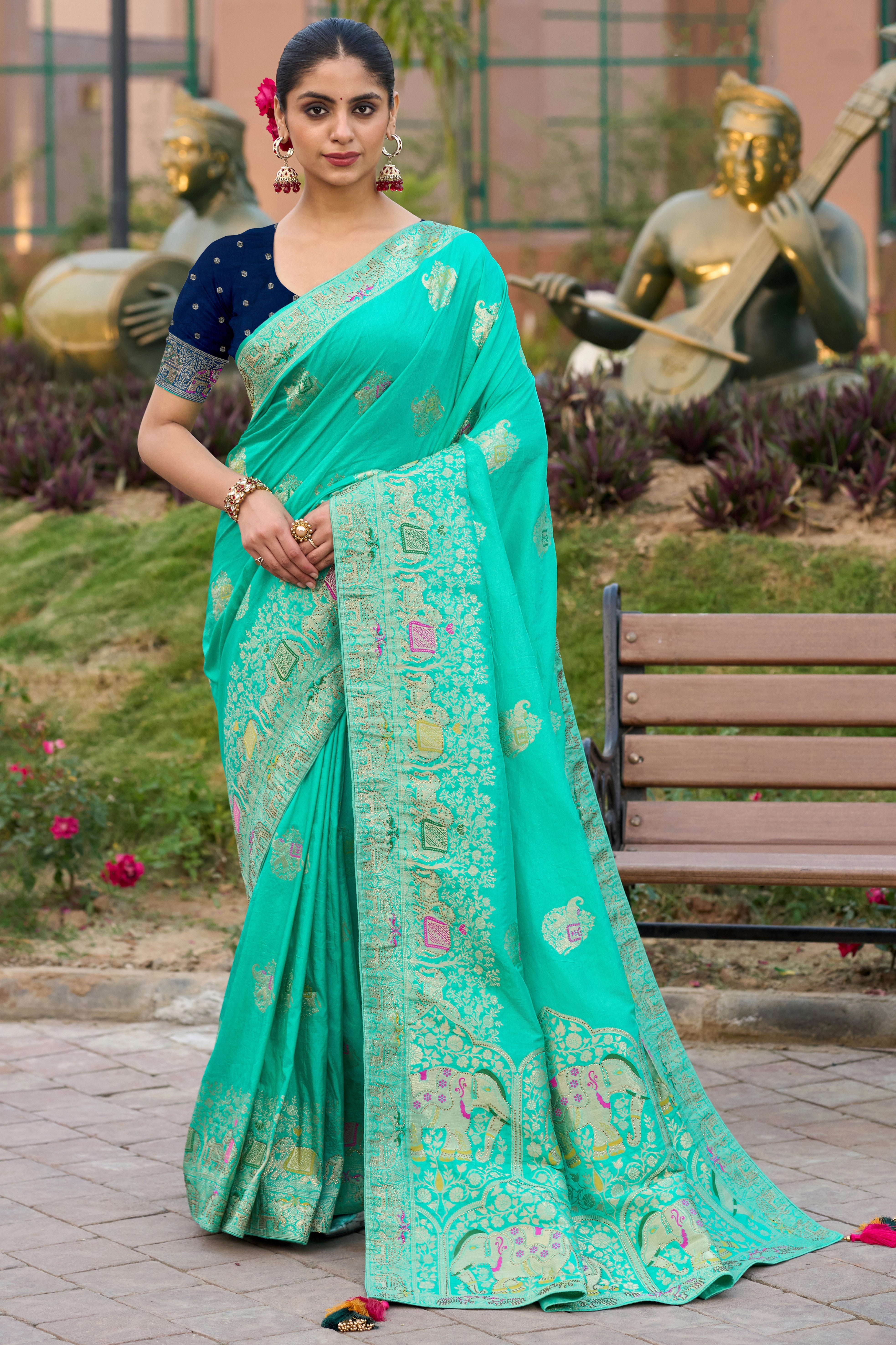 Turquoise Color Pure Dola Silk Saree With Jacquard Woven Work