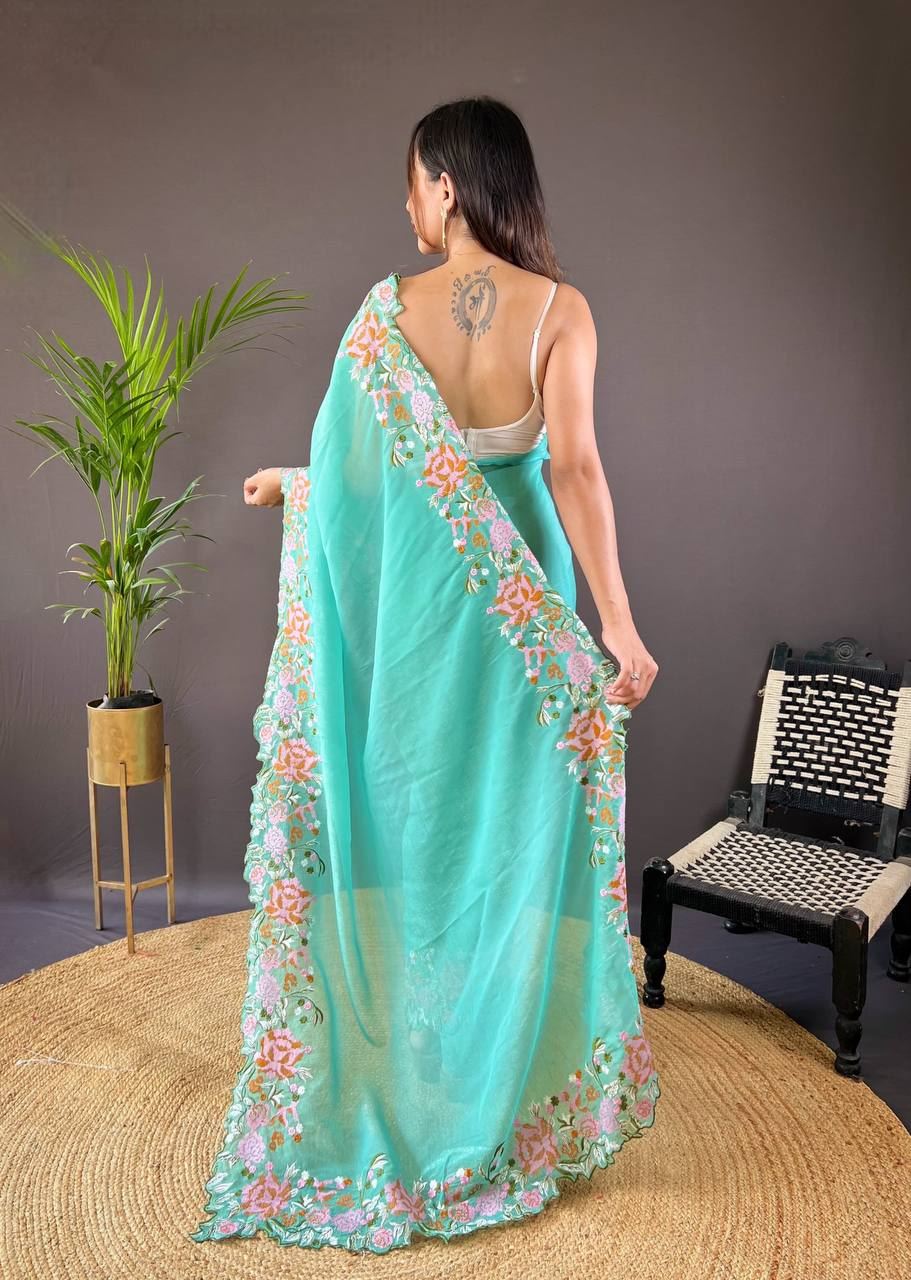 Turquoise Colour Soft Glossy Silk Heavy Embroidery Work Saree