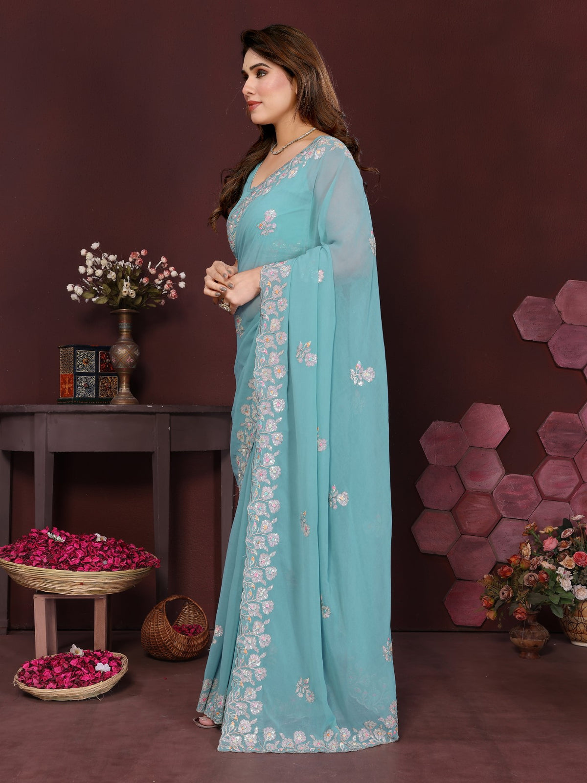 Turquoise Georgette Saree With Embroidery Work And Designer Blouse