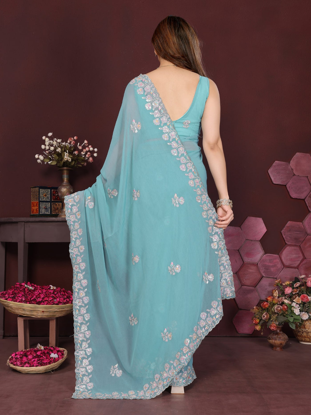 Turquoise Georgette Saree With Embroidery Work And Designer Blouse