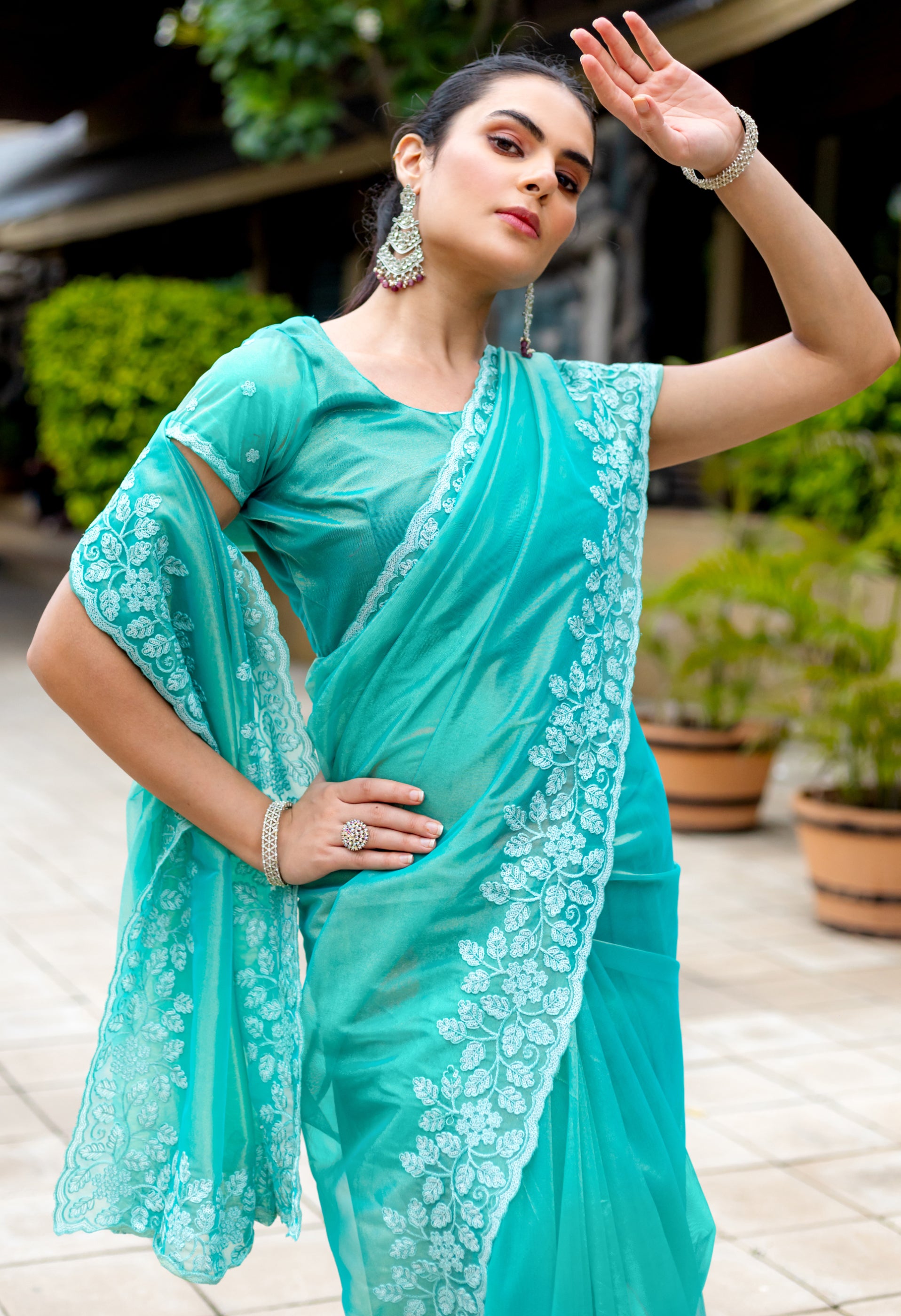 Turquoise Gold-Infused Twill Saree with Zari Sequins Cut Work