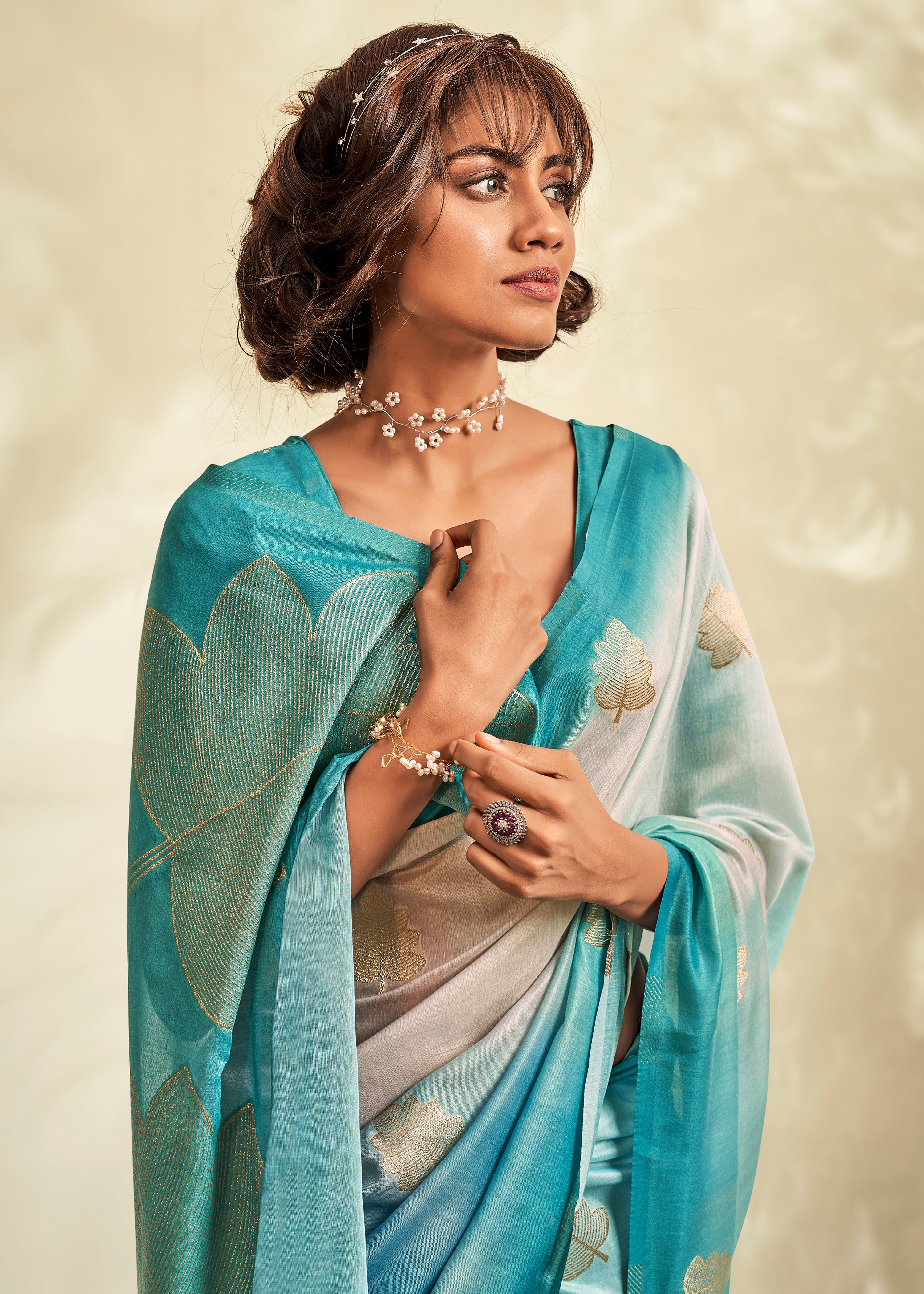 Turquoise Handloom Khadi Saree With Jacquard Woven With Digital Print