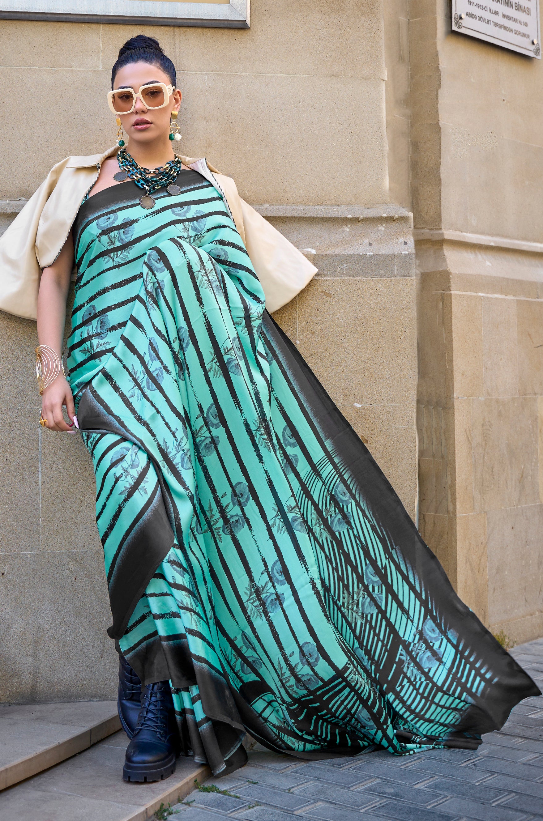 Turquoise Japan Satin Crape Saree with Printed Work