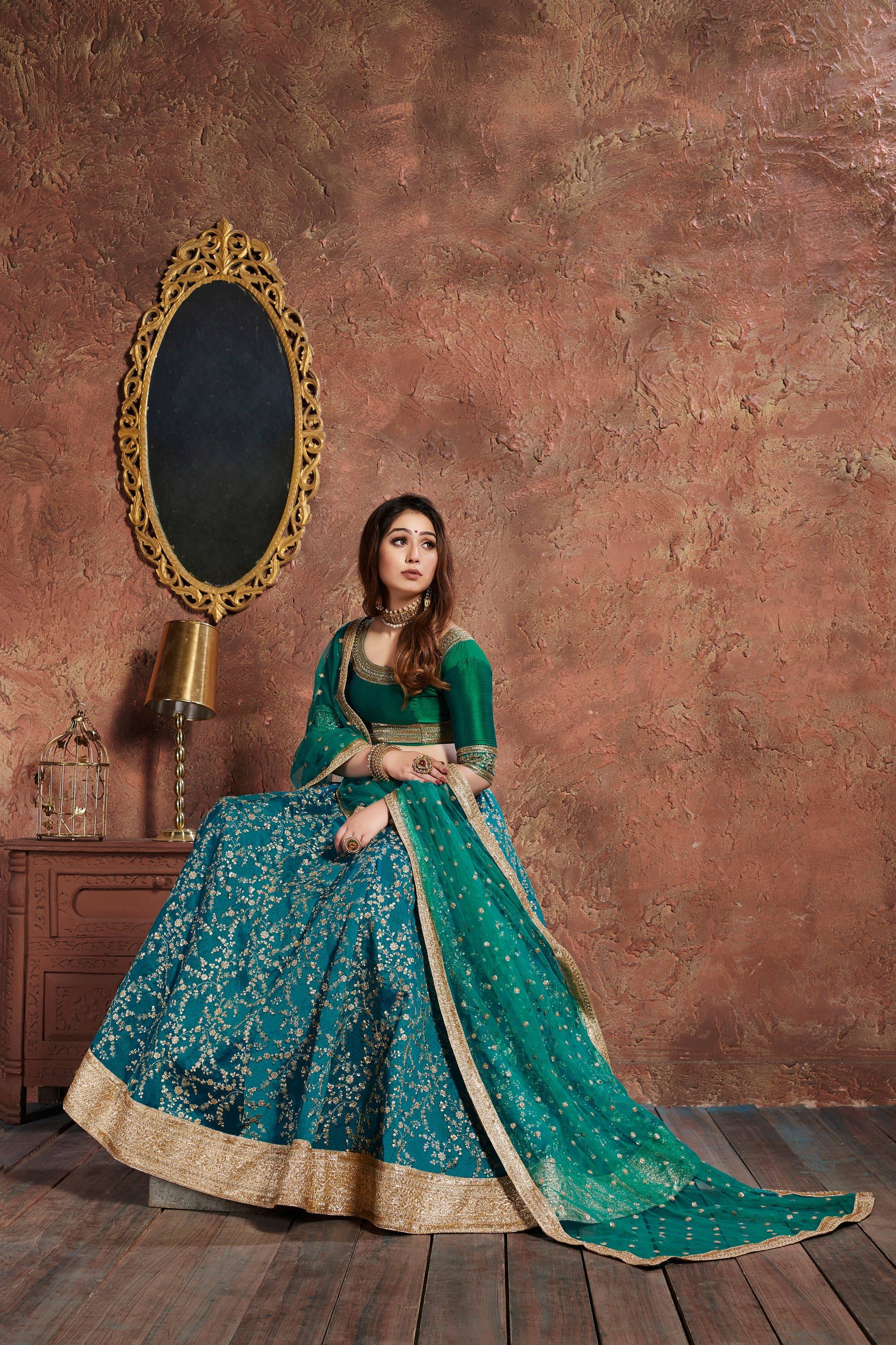 Turquoise Lehenga Choli With Zari, Sequins And Dori Embroidery