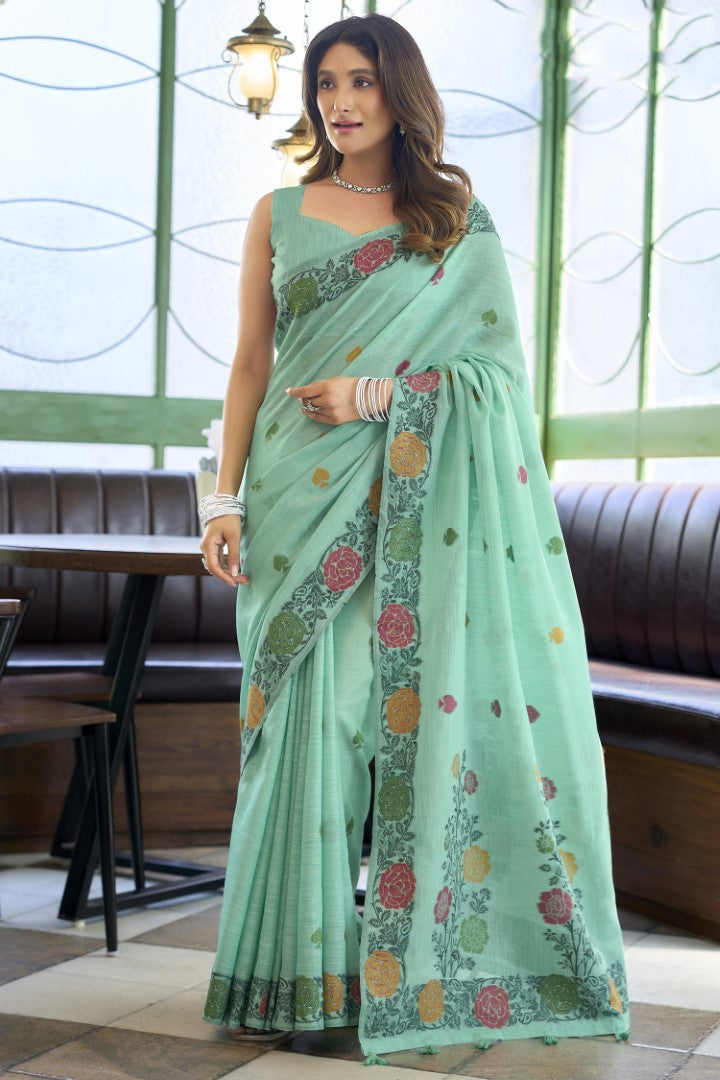 Turquoise Linen Saree with Rich Jacquard Weaving