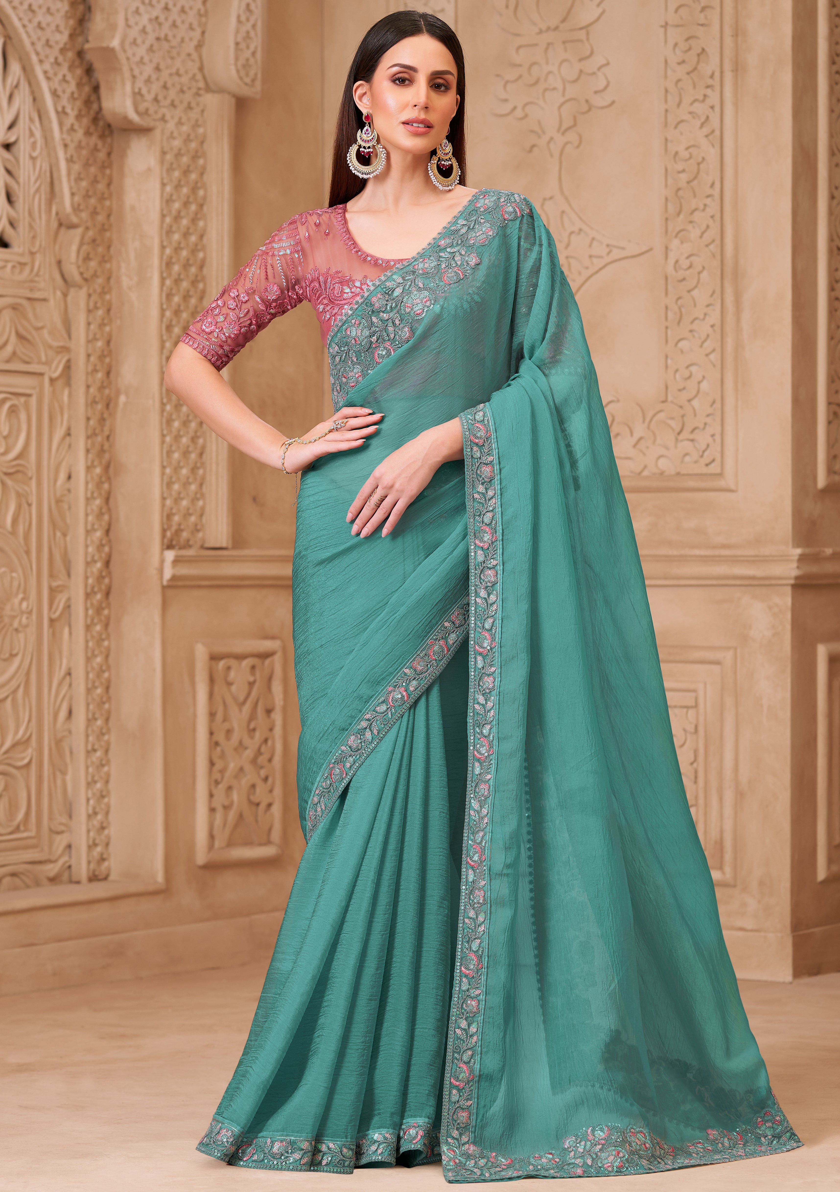 Turquoise Saree With Heavy Thread Embroidery Sequins Border Work With Embroidery Blouse