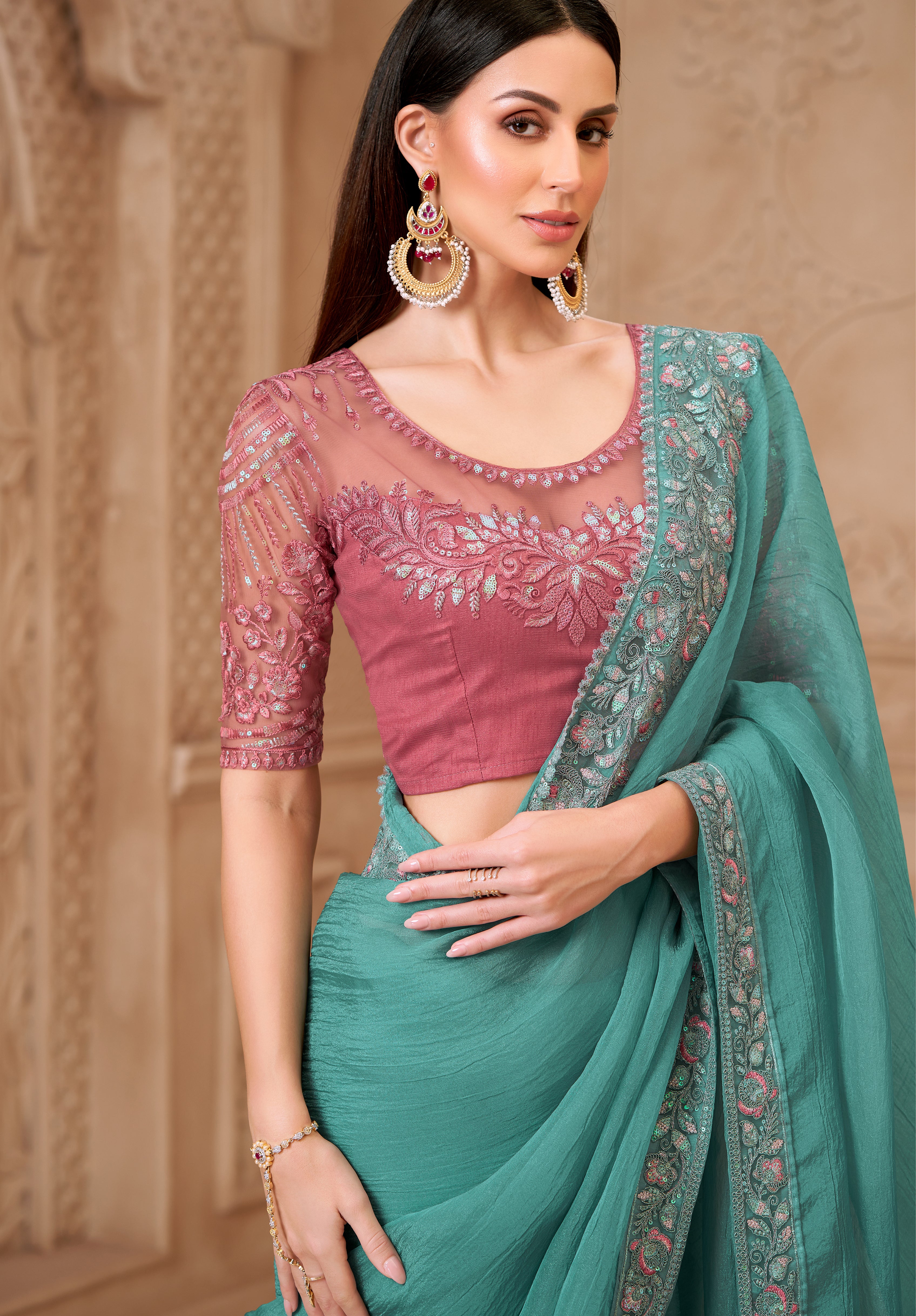 Turquoise Saree With Heavy Thread Embroidery Sequins Border Work With Embroidery Blouse
