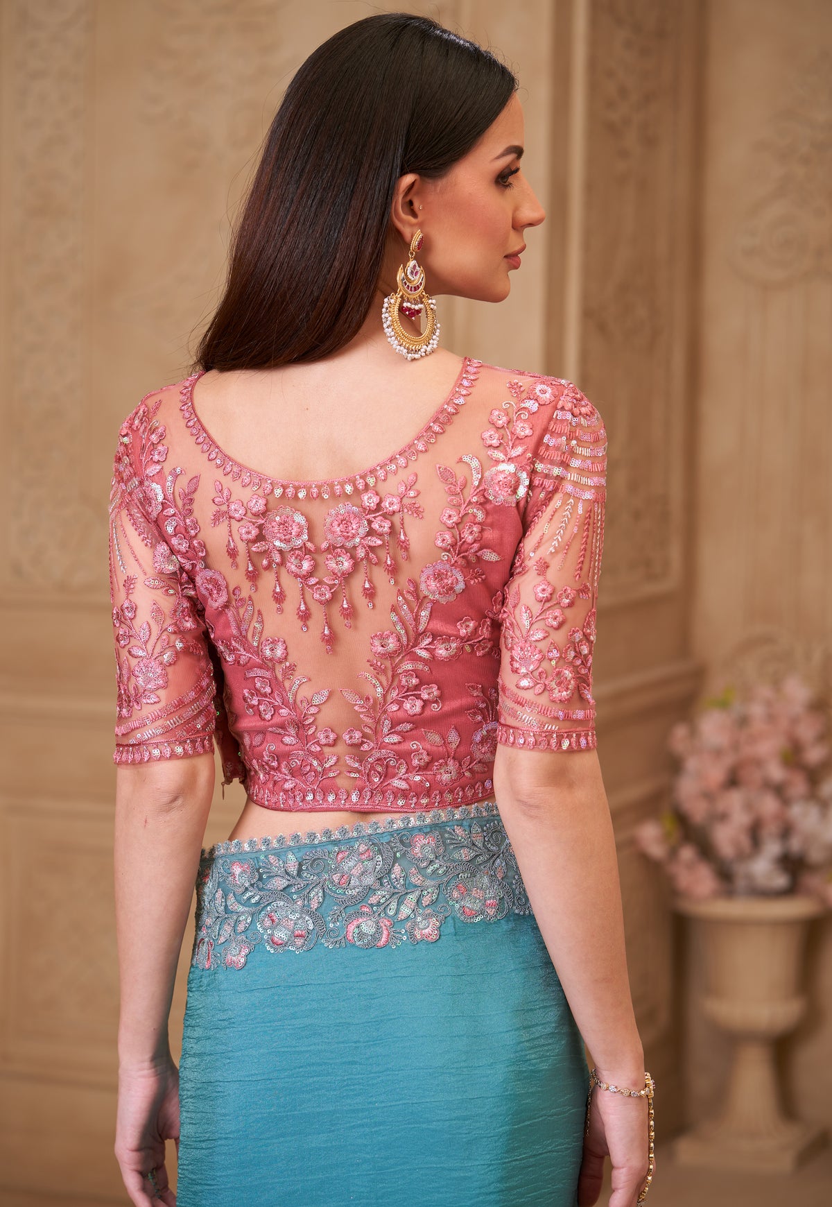Turquoise Saree With Heavy Thread Embroidery Sequins Border Work With Embroidery Blouse