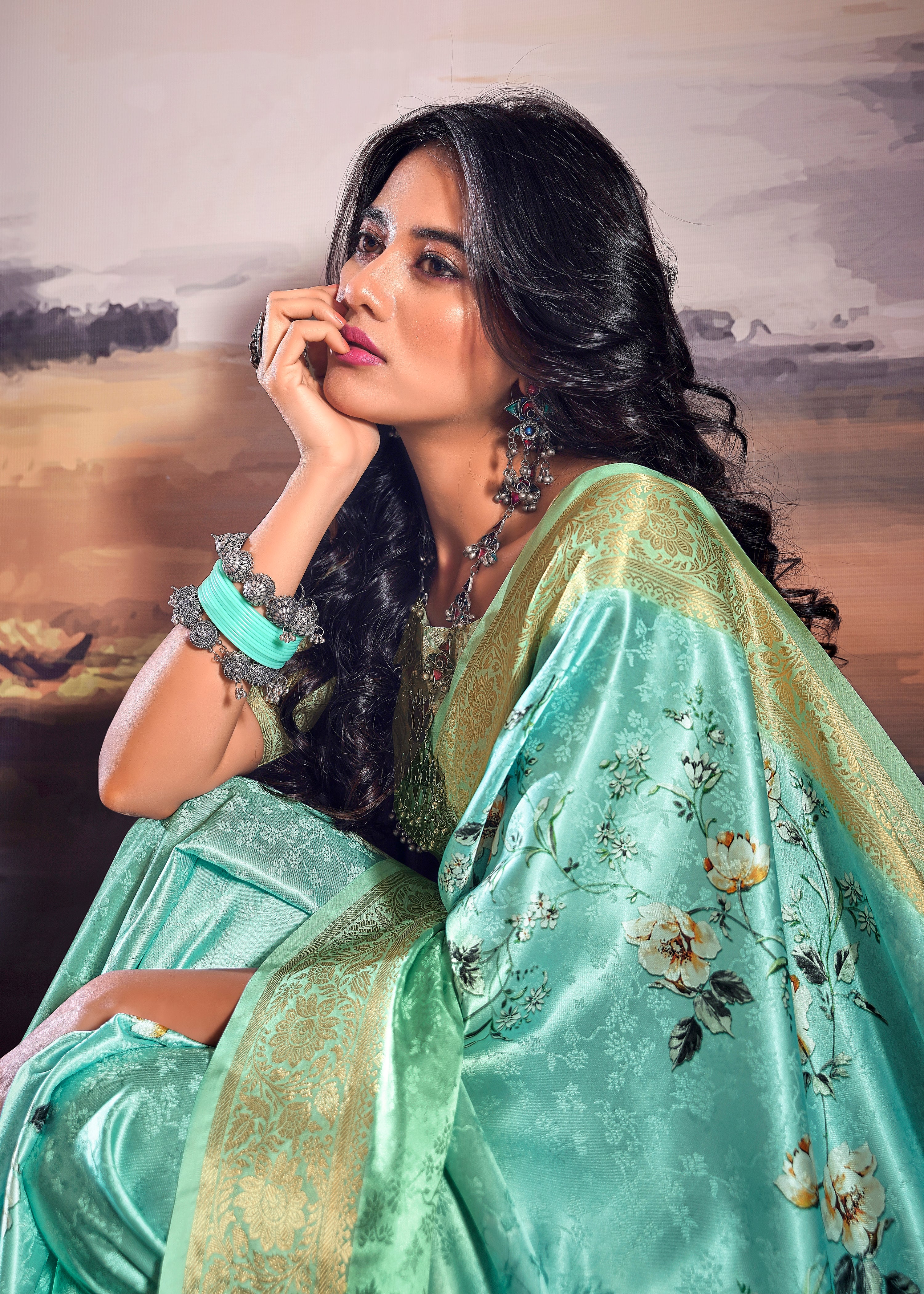 Turquoise Saree With Jacquard Woven Work With Digital Print