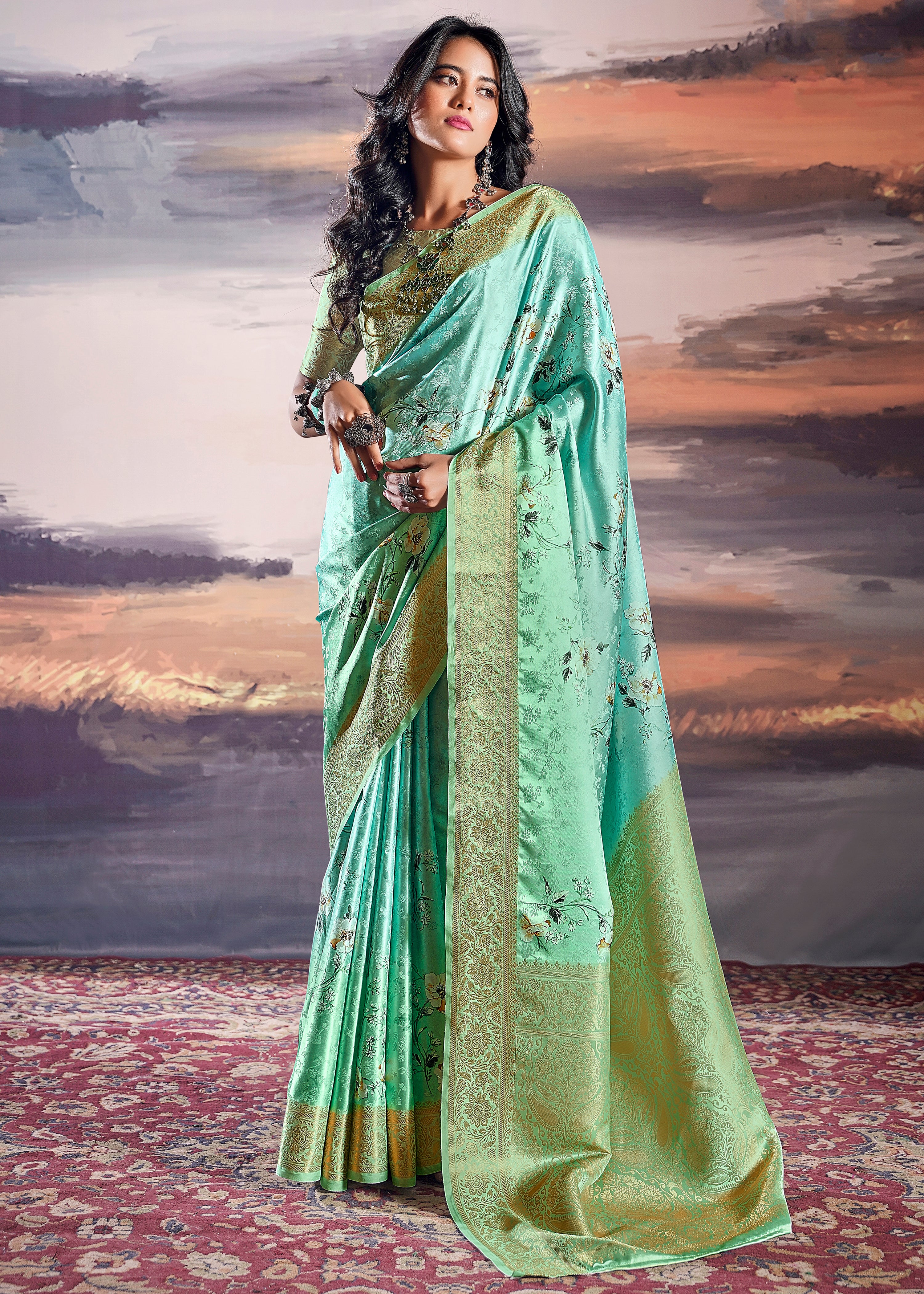 Turquoise Saree With Jacquard Woven Work With Digital Print
