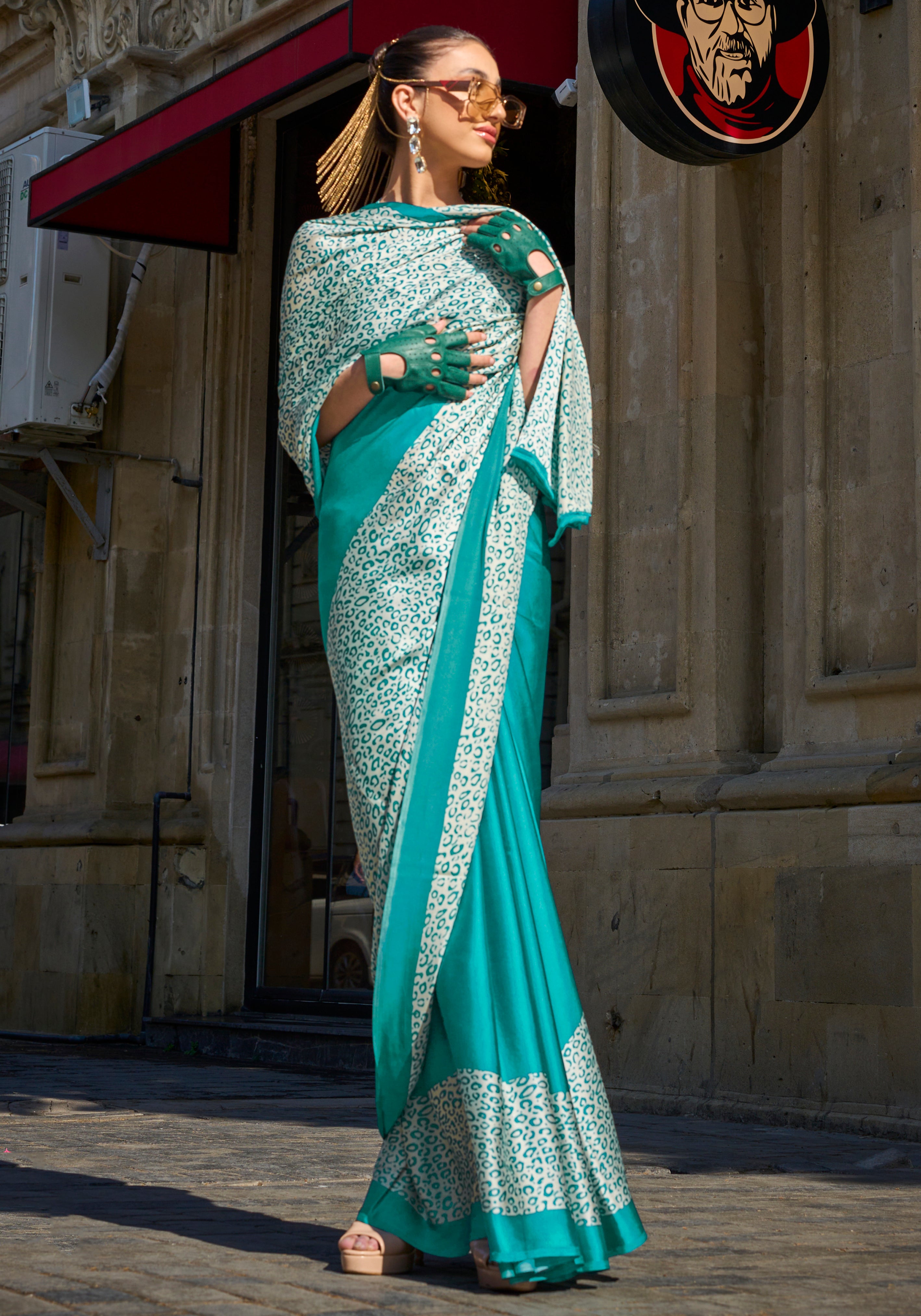 Turquoise Satin Crepe Saree With Digital Print