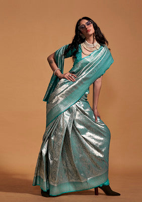 Turquoise Silk Saree With Woven Work