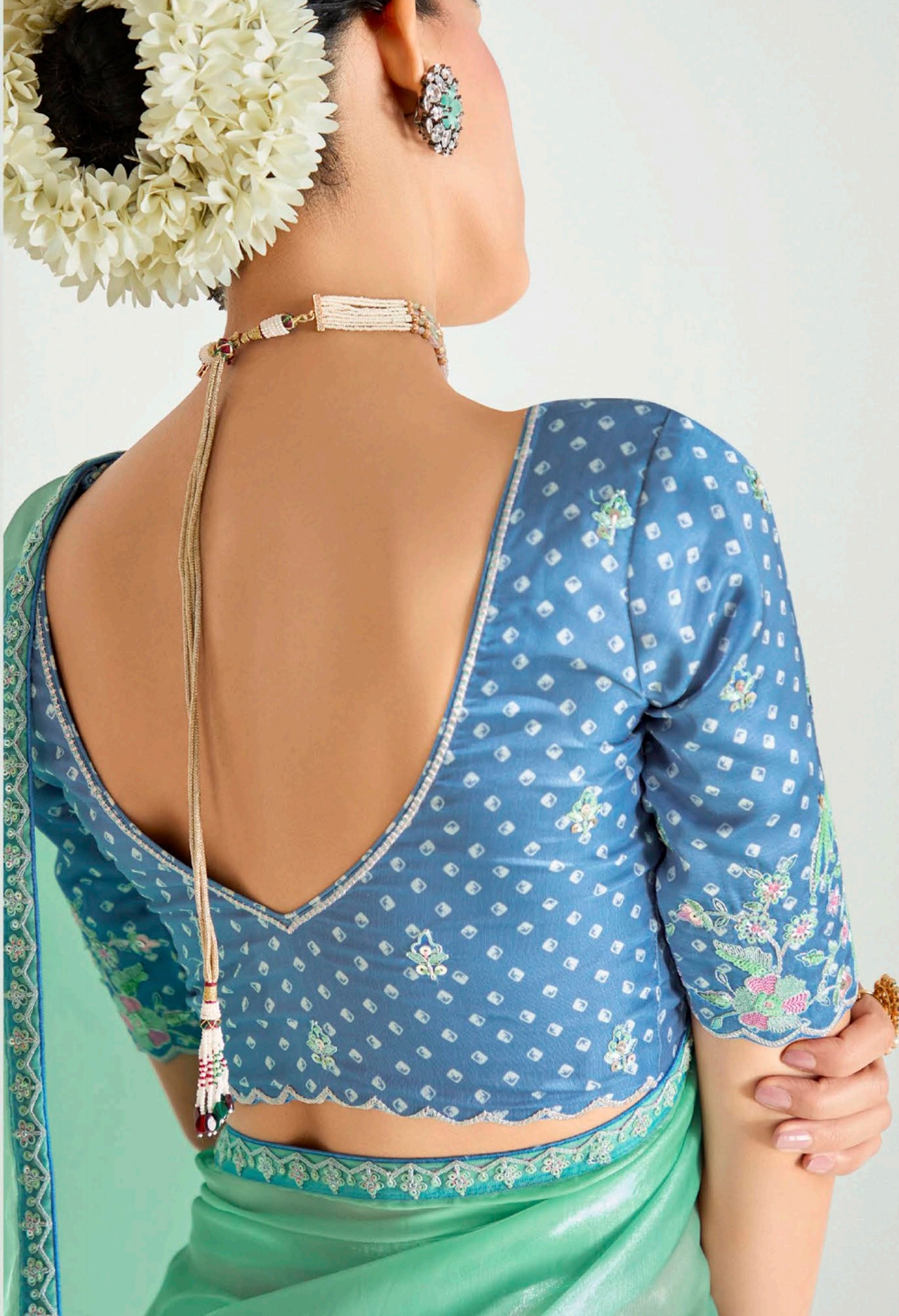 Turquoise Sky Blue Organza Saree with Embroidered Blouse