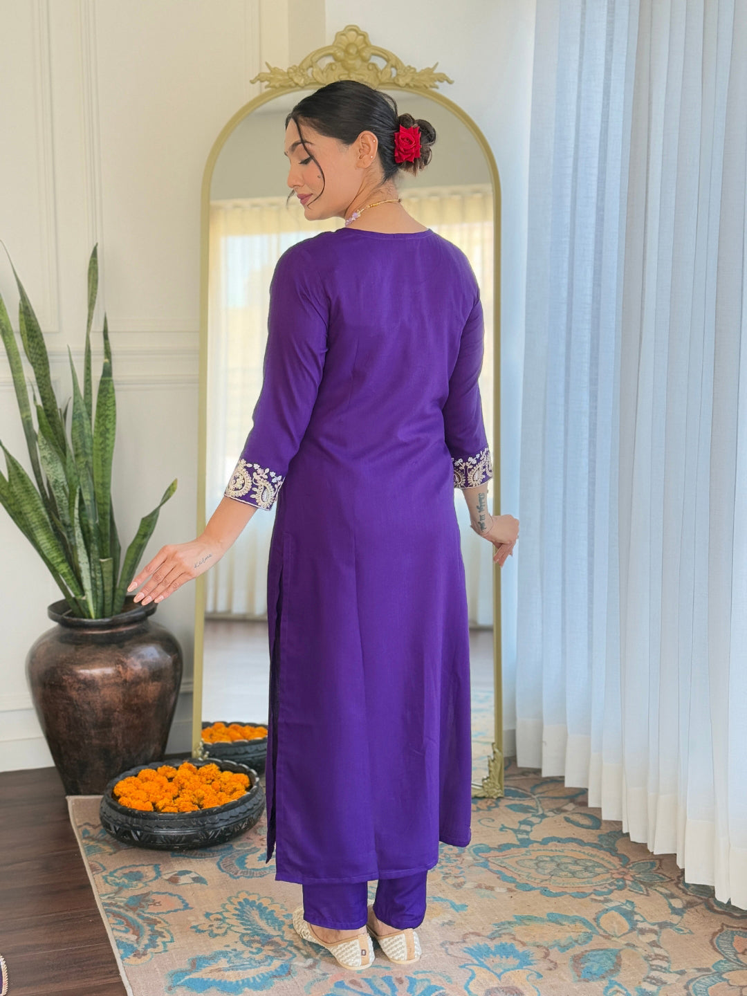 Violate Rayon Slub Elegant Kurta Pant Set With Embroidery Work