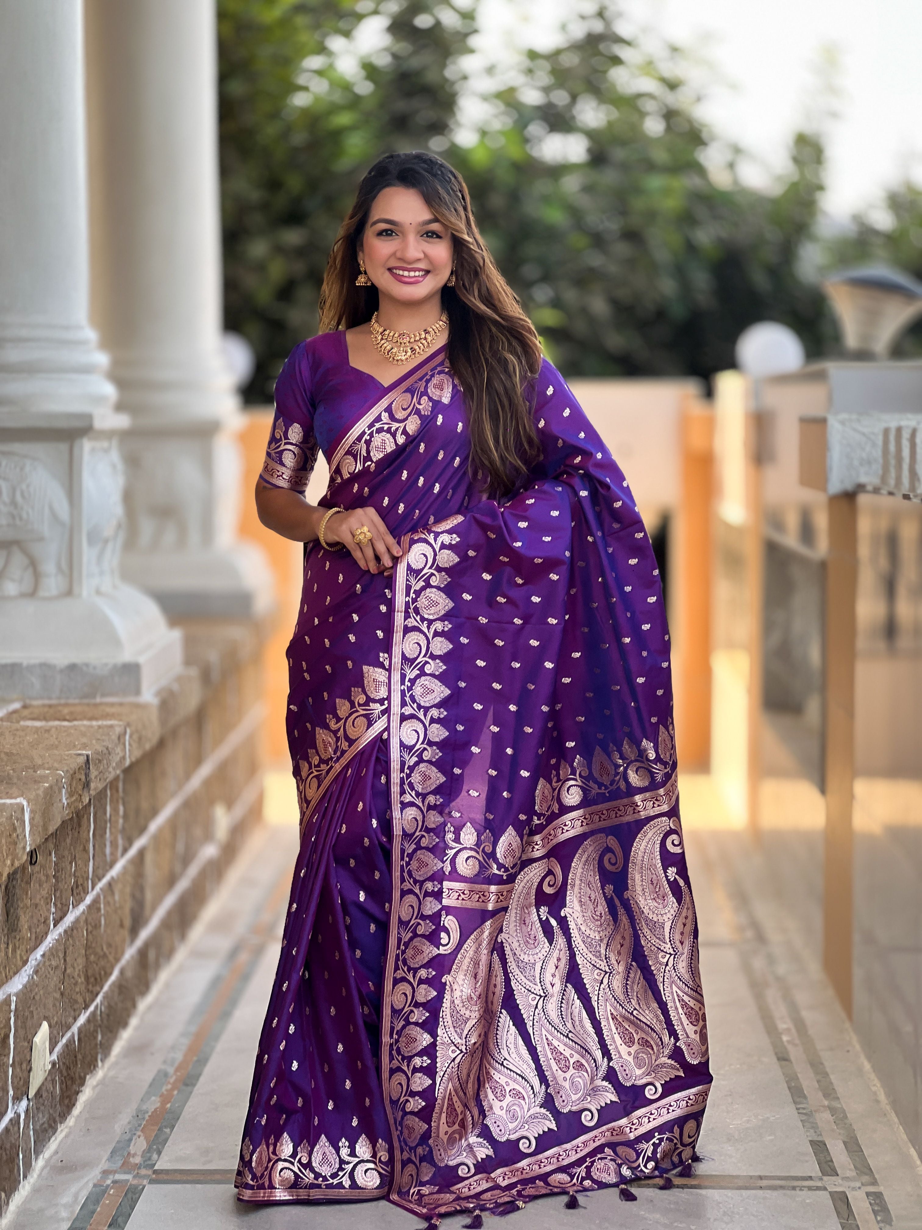 Violet Banarasi Silk Saree With Woven Jacquard Designer Partywear Saree