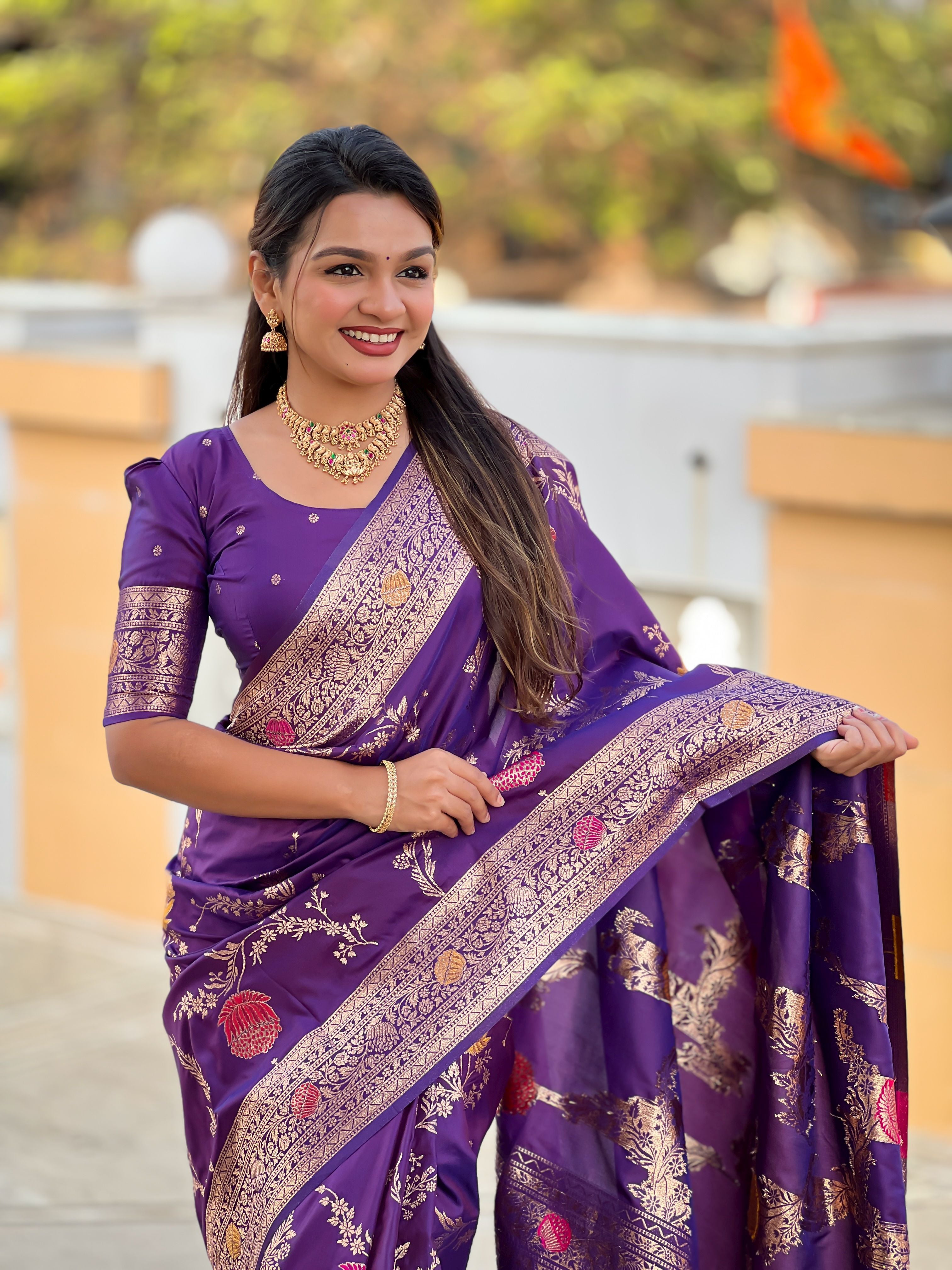 Violet Beautiful Banarasi Silk Woven Meenakari Designer Graceful Ethnic Saree