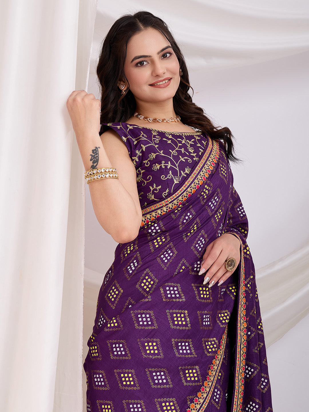 Violet Beautiful Bandhej Printed With Embroidery Work Vichitra Silk Saree