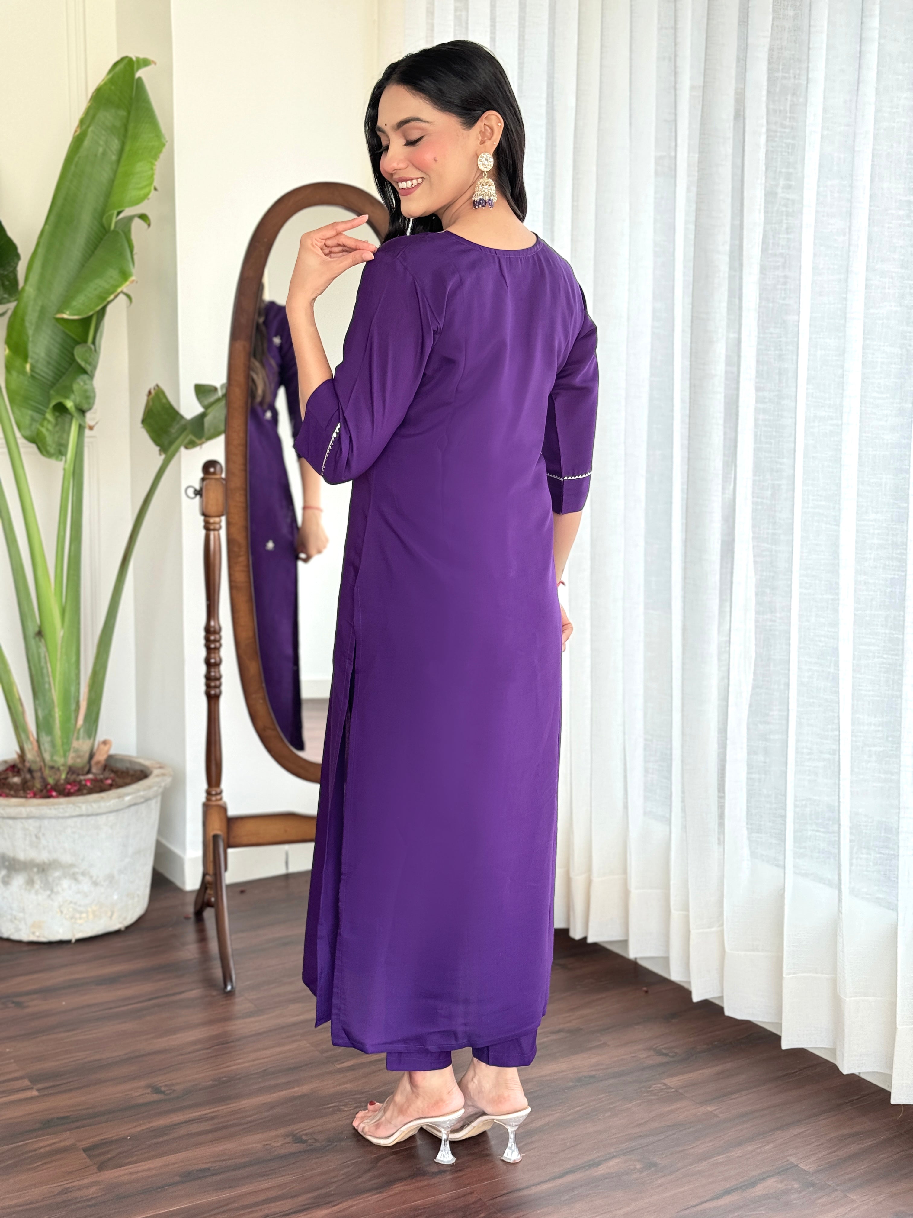 Violet Chanderi Viscose Kurta Pant Set with Thread Embroidery Work With Printed Dupatta
