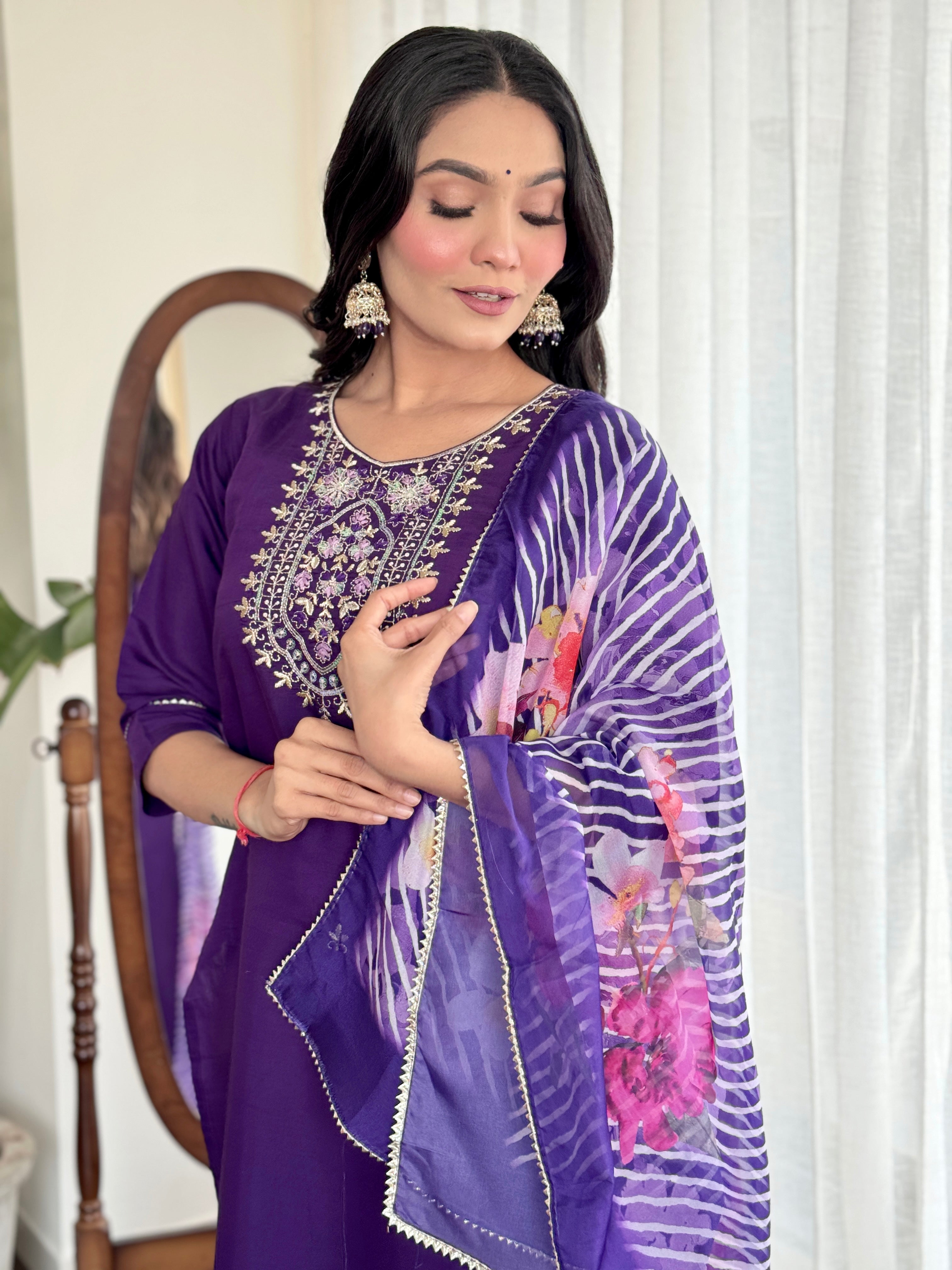 Violet Chanderi Viscose Kurta Pant Set with Thread Embroidery Work With Printed Dupatta