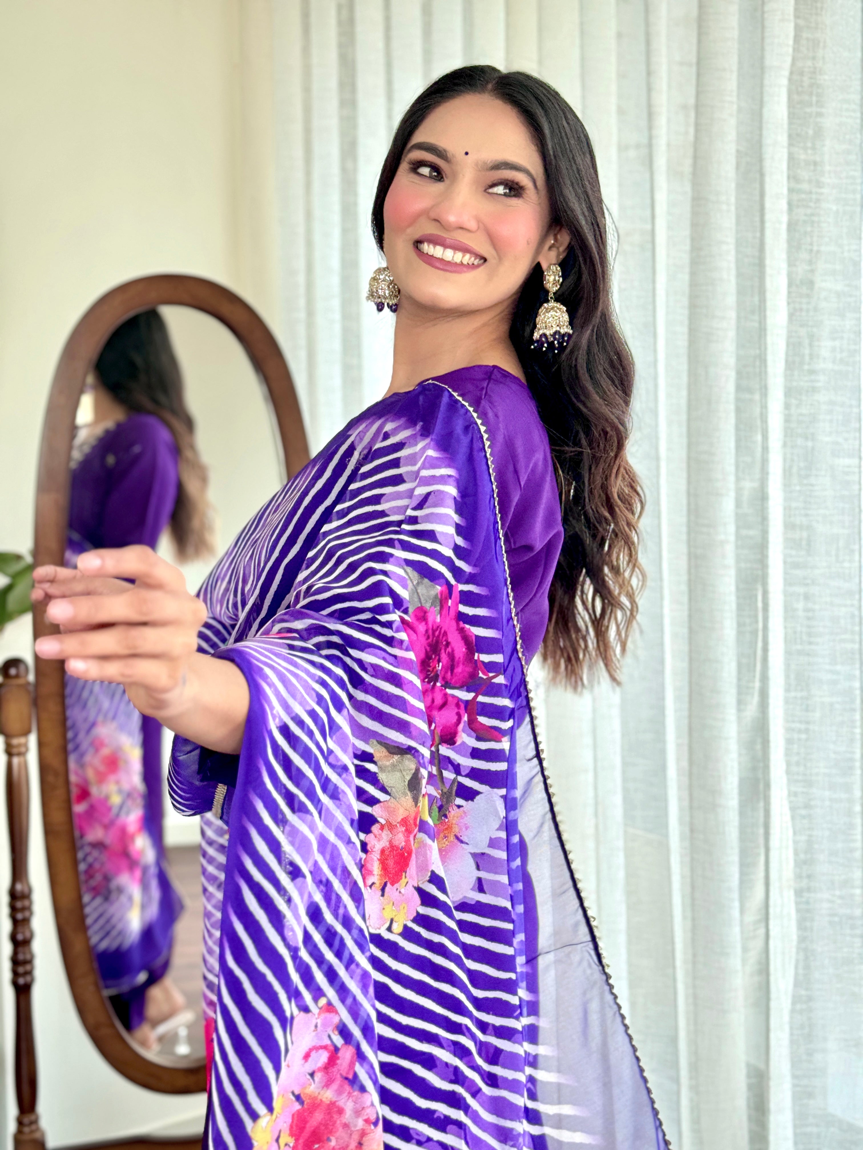 Violet Chanderi Viscose Kurta Pant Set with Thread Embroidery Work With Printed Dupatta