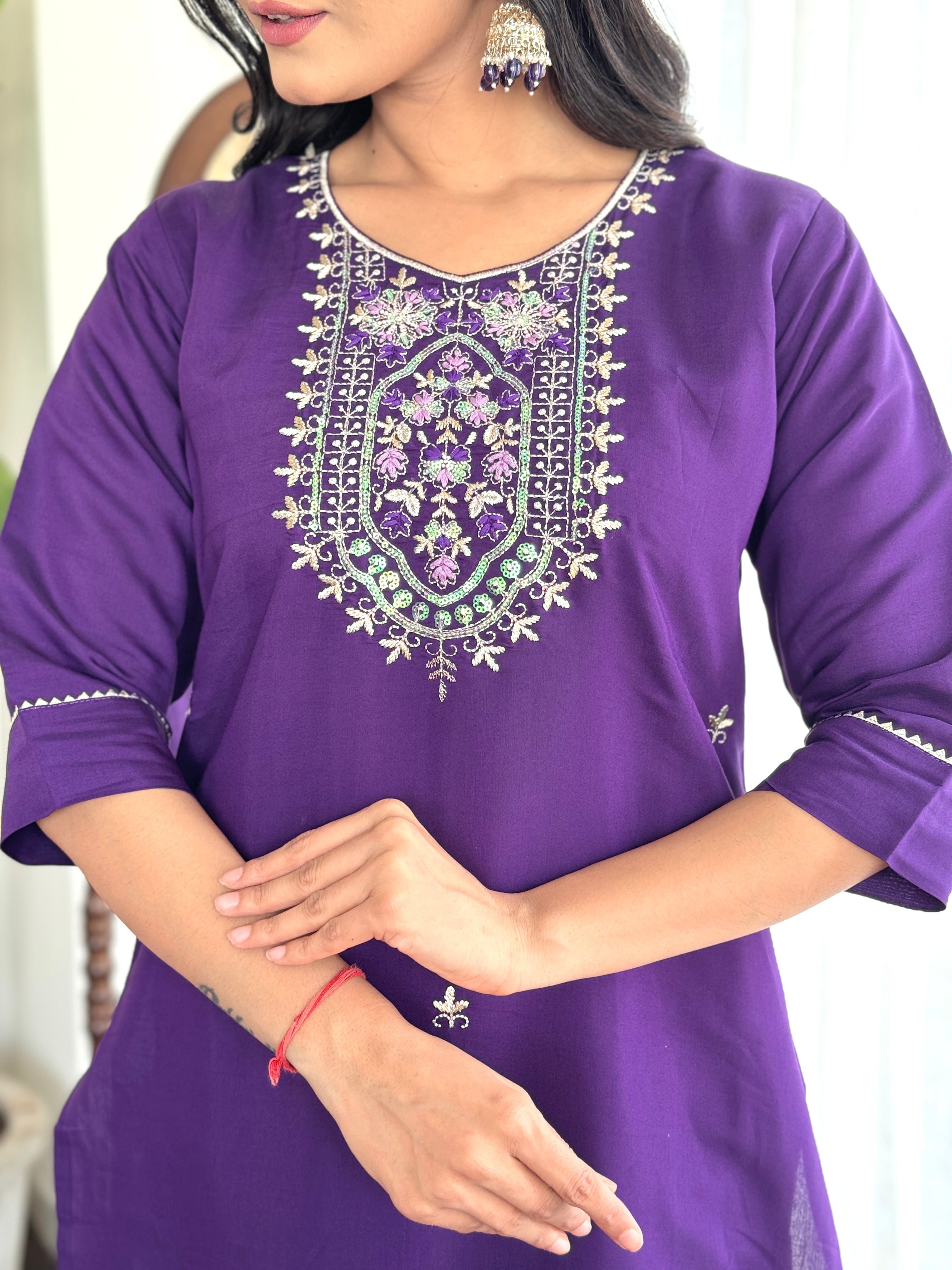 Violet Chanderi Viscose Kurta Pant Set with Thread Embroidery Work With Printed Dupatta