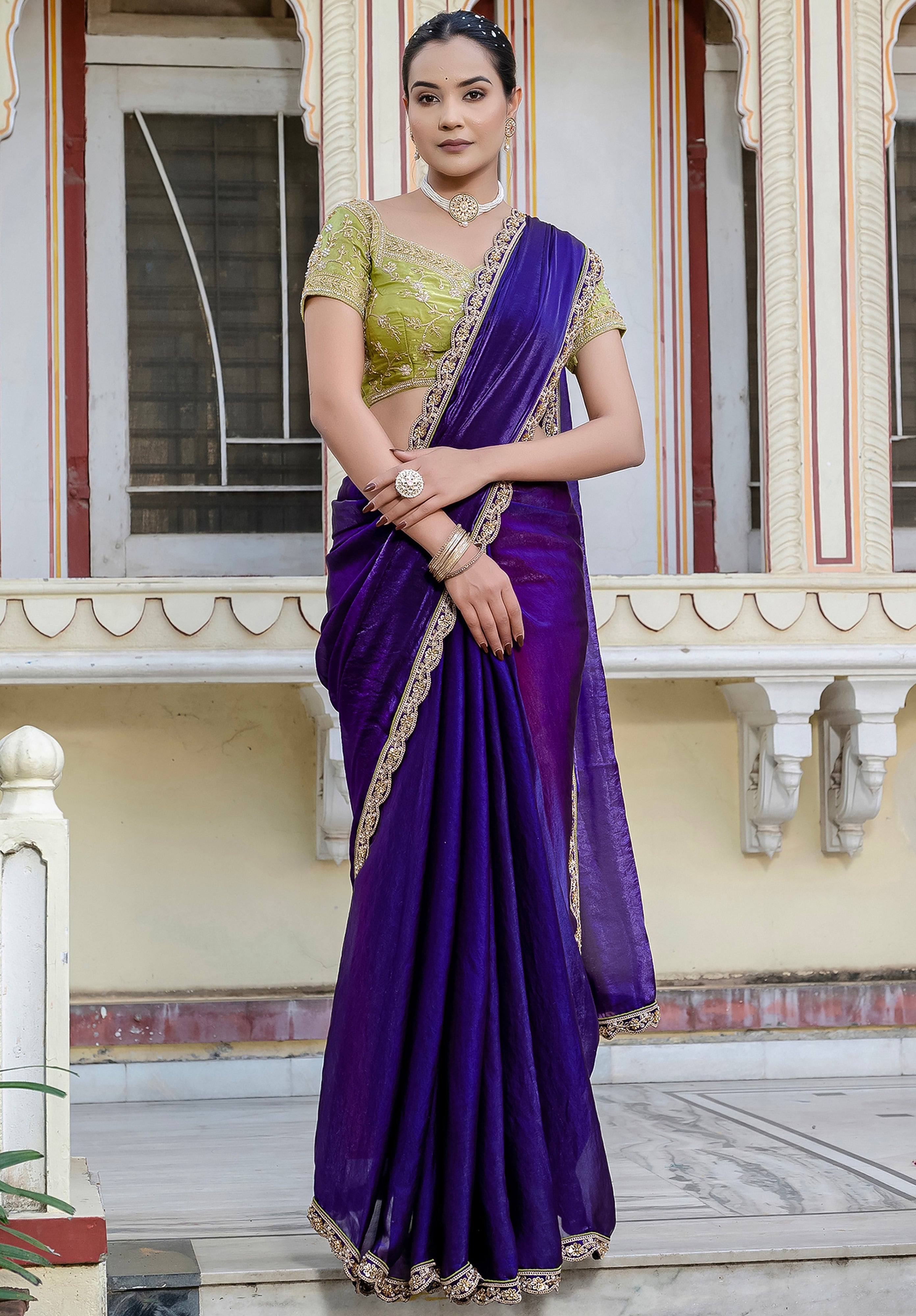 Violet Color Satin with Velvet Lustre Saree With Handwork Lace