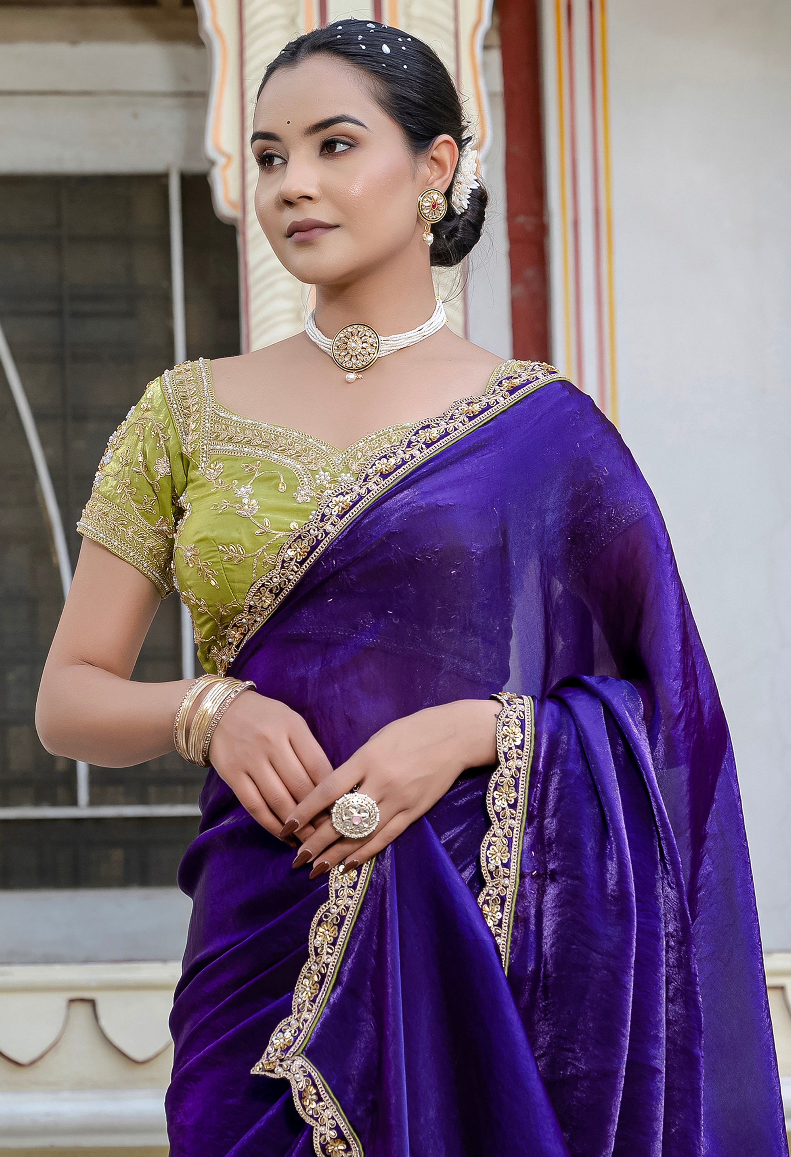 Violet Color Satin with Velvet Lustre Saree With Handwork Lace