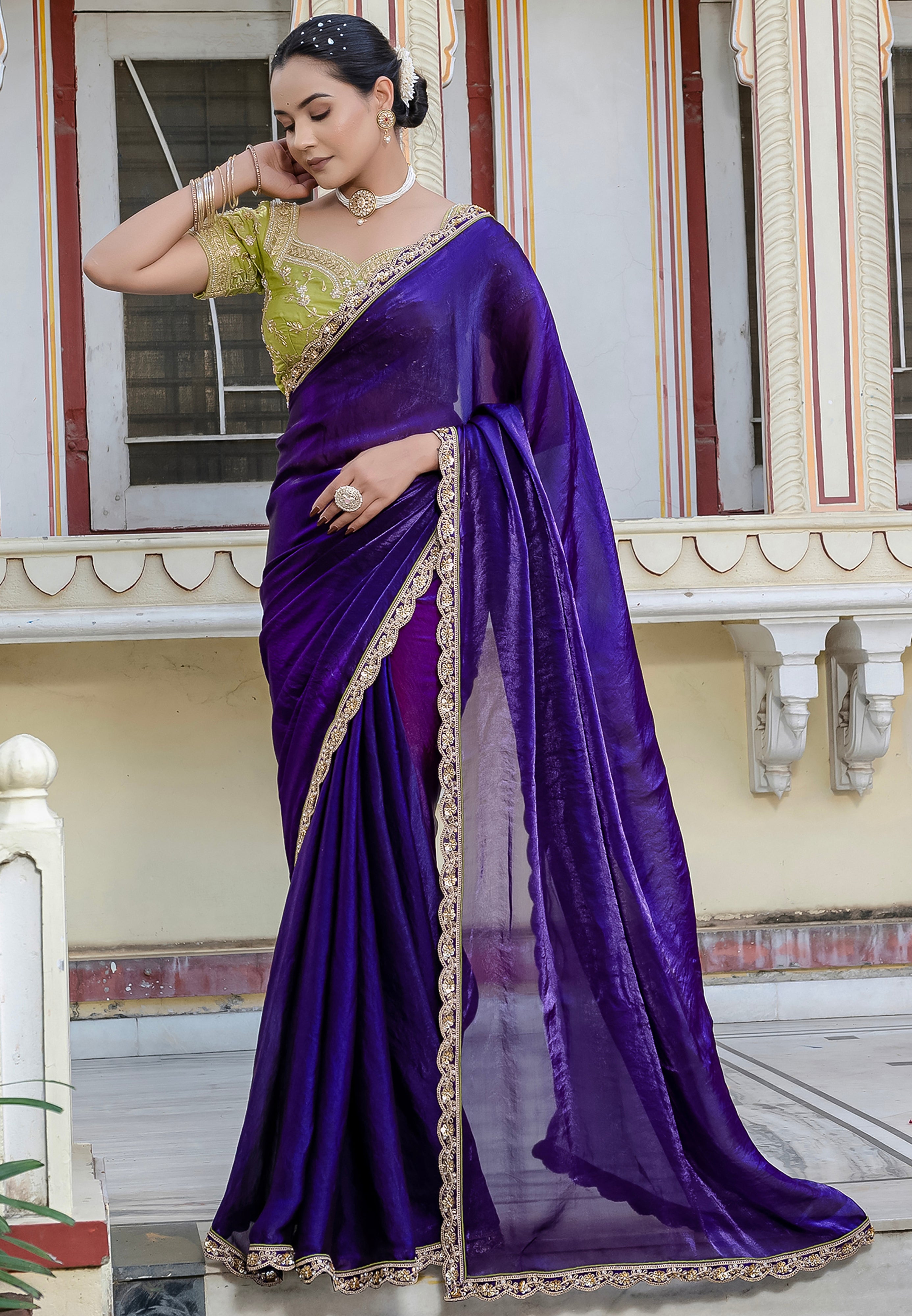 Violet Color Satin with Velvet Lustre Saree With Handwork Lace